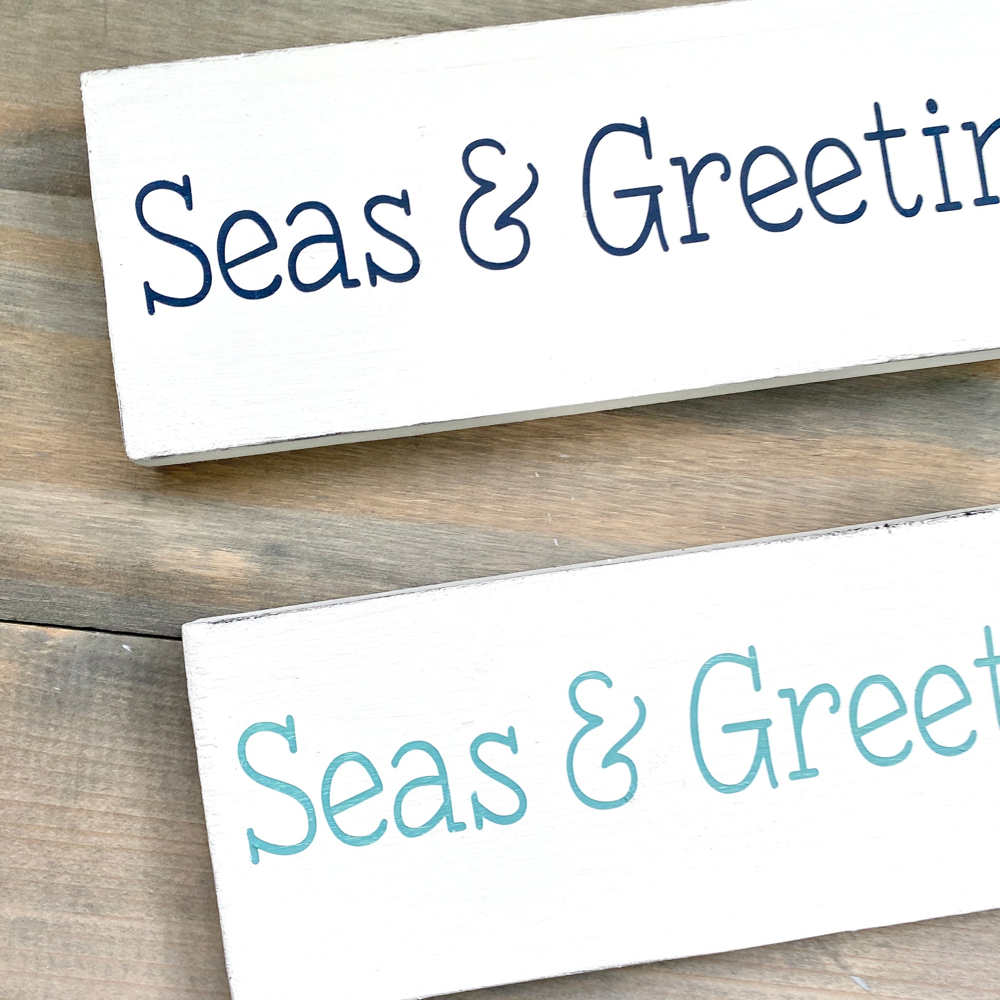 Coastal Christmas Decor, Anchored Soul Designs seas & greetings Christmas wood sign white background with navy and aqua design, beach house holiday decor coastal design