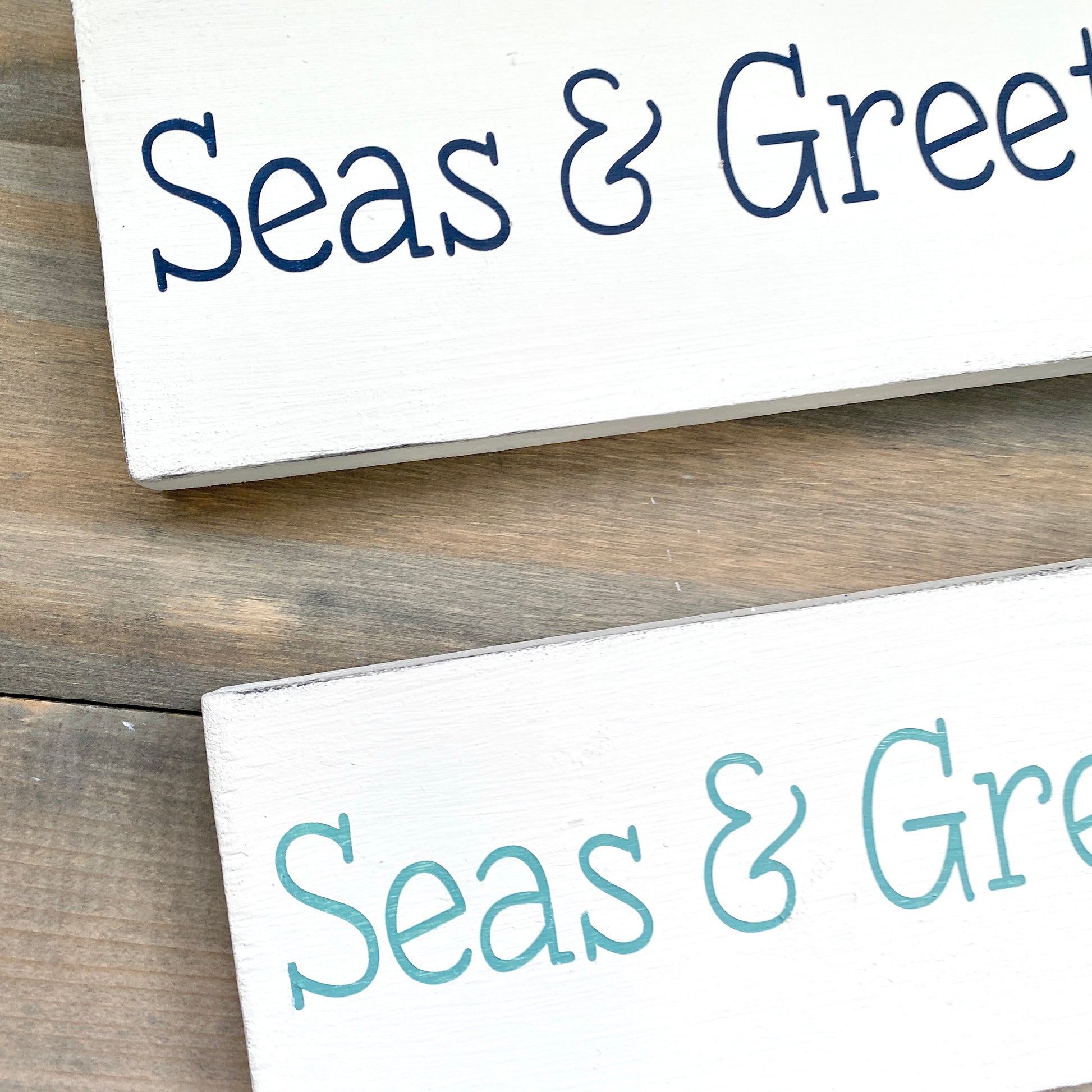 Coastal Christmas Decor, Anchored Soul Designs seas & greetings Christmas wood sign white background with navy and aqua design, beach house holiday decor coastal design