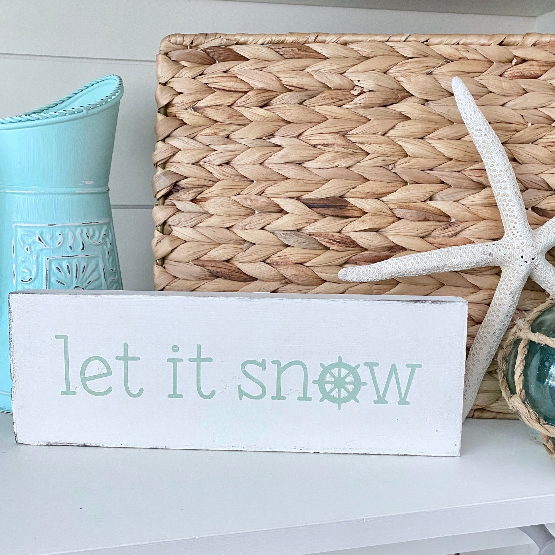 Displayed sign Coastal Christmas Decor, Anchored Soul Designs let it snow ship wheel Christmas wood sign white background with mint design, beach house holiday decor coastal design