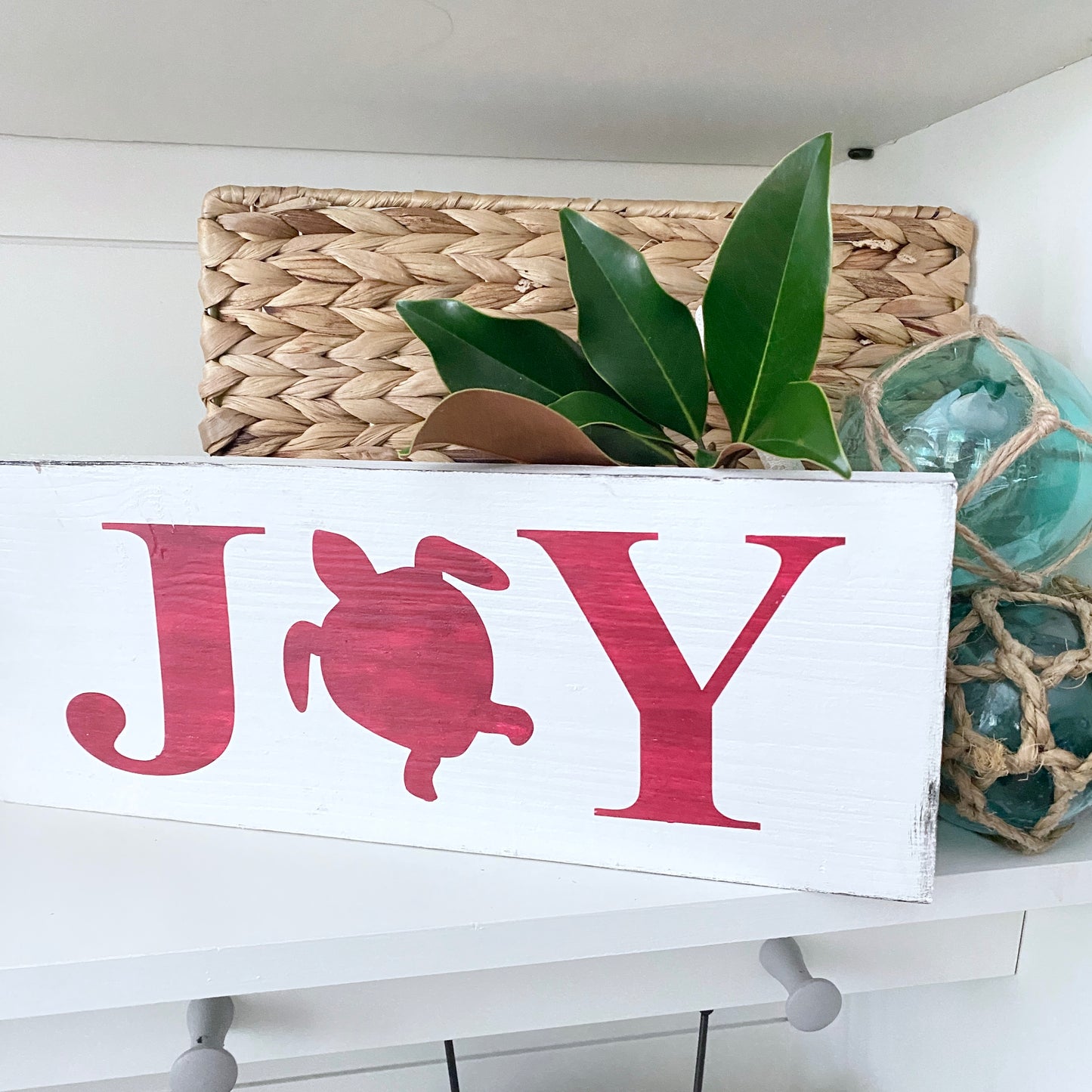 Coastal Christmas Decor, Anchored Soul Designs Joy Sea Turtle Christmas wood sign white background with red design, beach house holiday decor coastal design