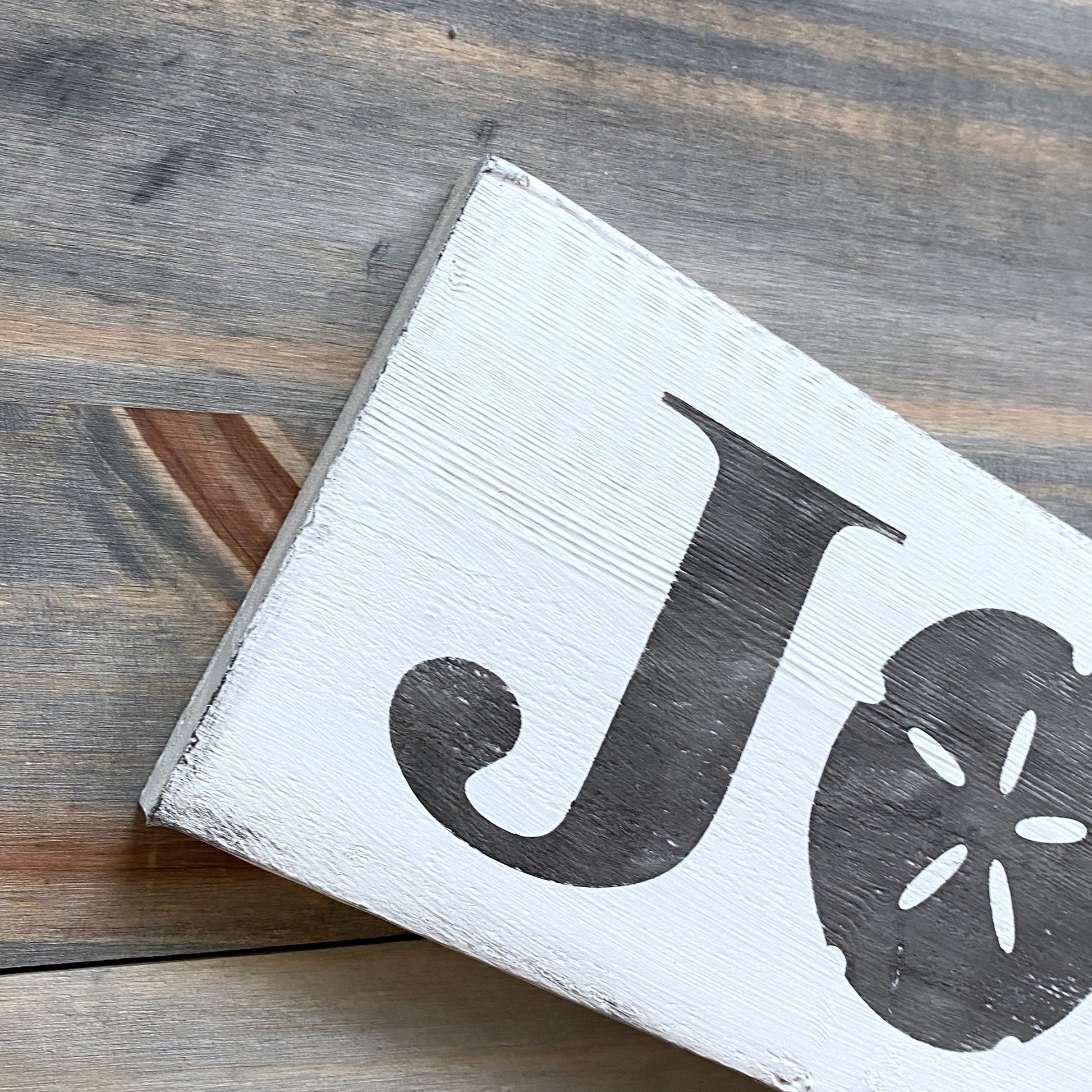 Coastal Christmas Decor, Anchored Soul Designs Joy Sand Dollar Christmas wood sign white background with black design, beach house holiday decor coastal design