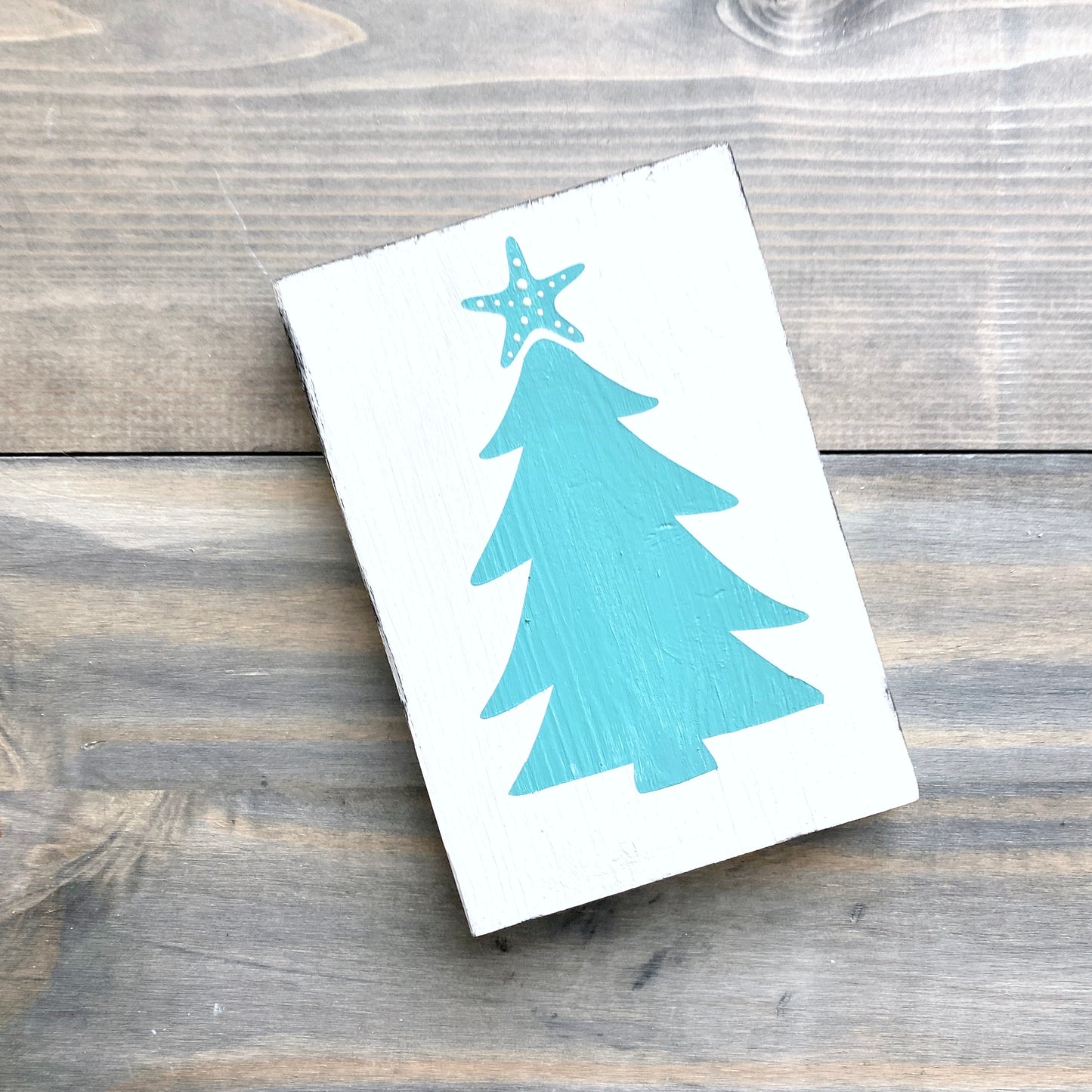 Coastal Christmas Decor, Anchored Soul Designs Starfish Christmas Tree wood sign white background with aqua design, beach house holiday decor coastal design