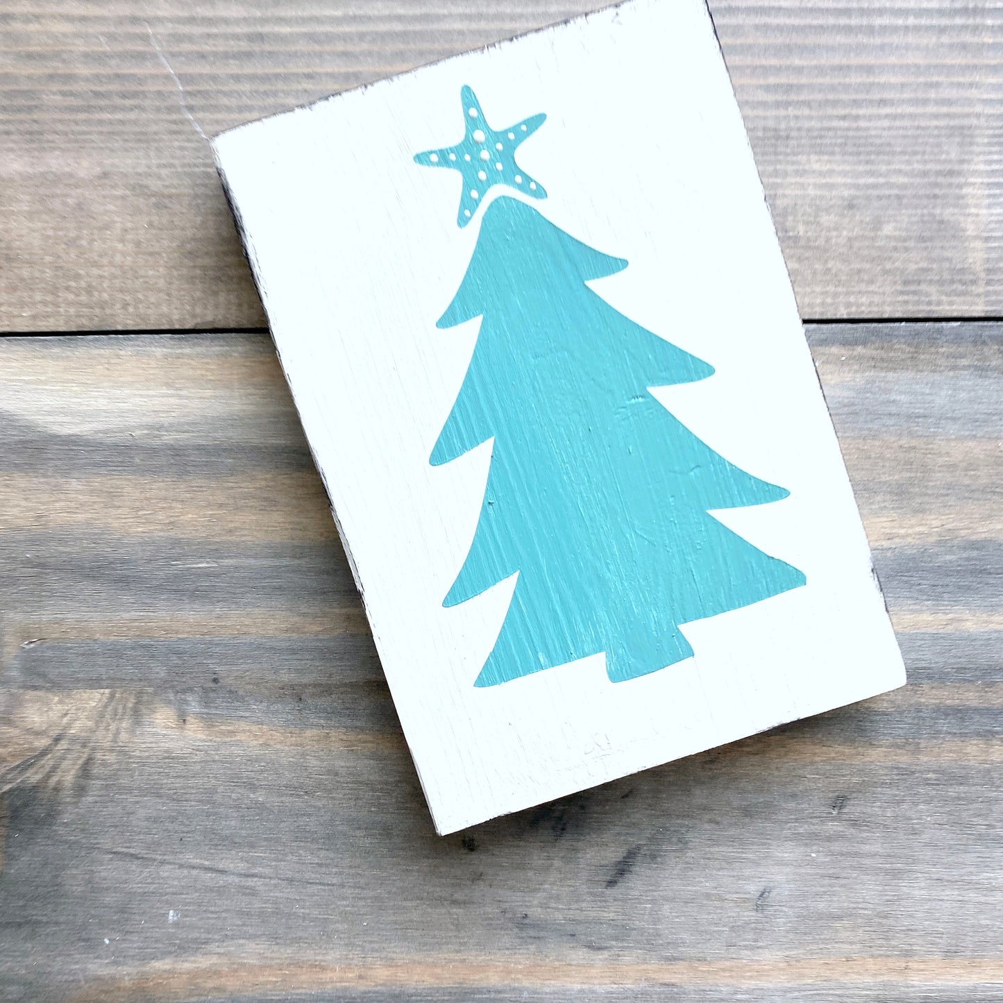 Coastal Christmas Decor, Anchored Soul Designs Starfish Christmas Tree wood sign white background with aqua design, beach house holiday decor coastal design