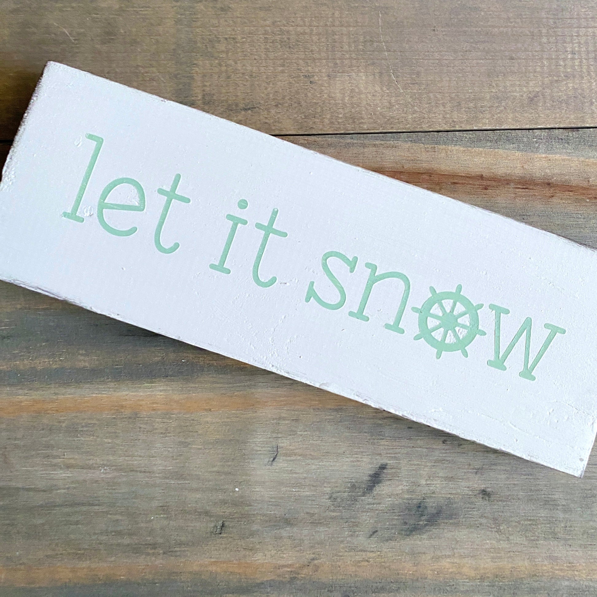 Coastal Christmas Decor, Anchored Soul Designs let it snow ship wheel Christmas wood sign white background with mint design, beach house holiday decor coastal design