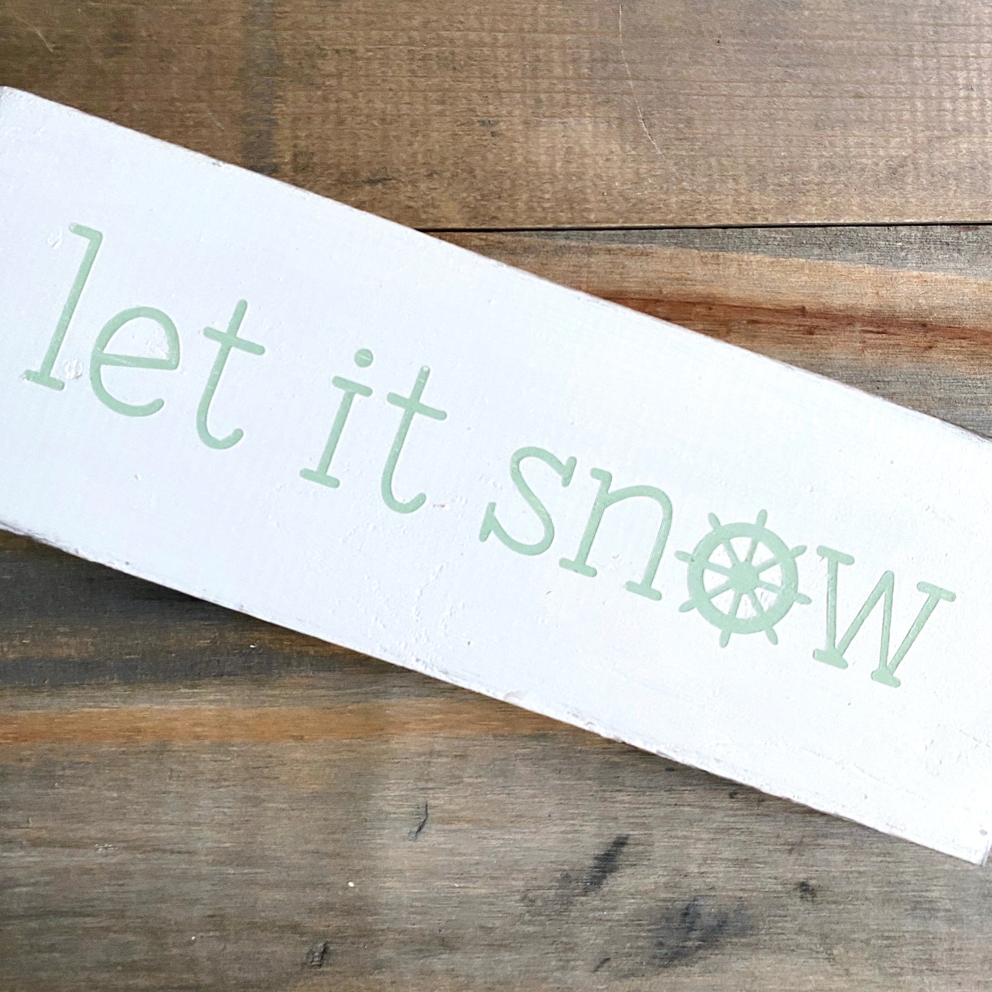Coastal Christmas Decor, Anchored Soul Designs let it snow ship wheel Christmas wood sign white background with mint design, beach house holiday decor coastal design