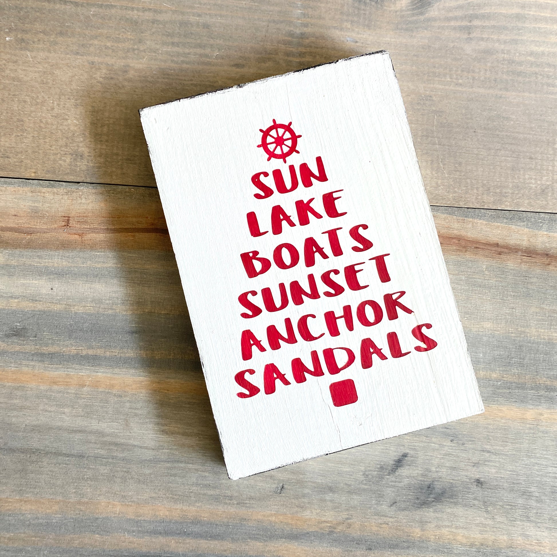 Nautical Christmas Decor for Lake House, Anchored Soul Designs Lake Words Christmas Tree wood sign white background with red design, beach house holiday decor nautical design