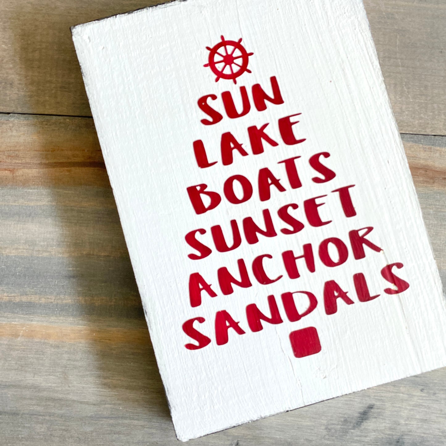 Nautical Christmas Decor for Lake House, Anchored Soul Designs Lake Words Christmas Tree wood sign white background with red design, beach house holiday decor nautical design