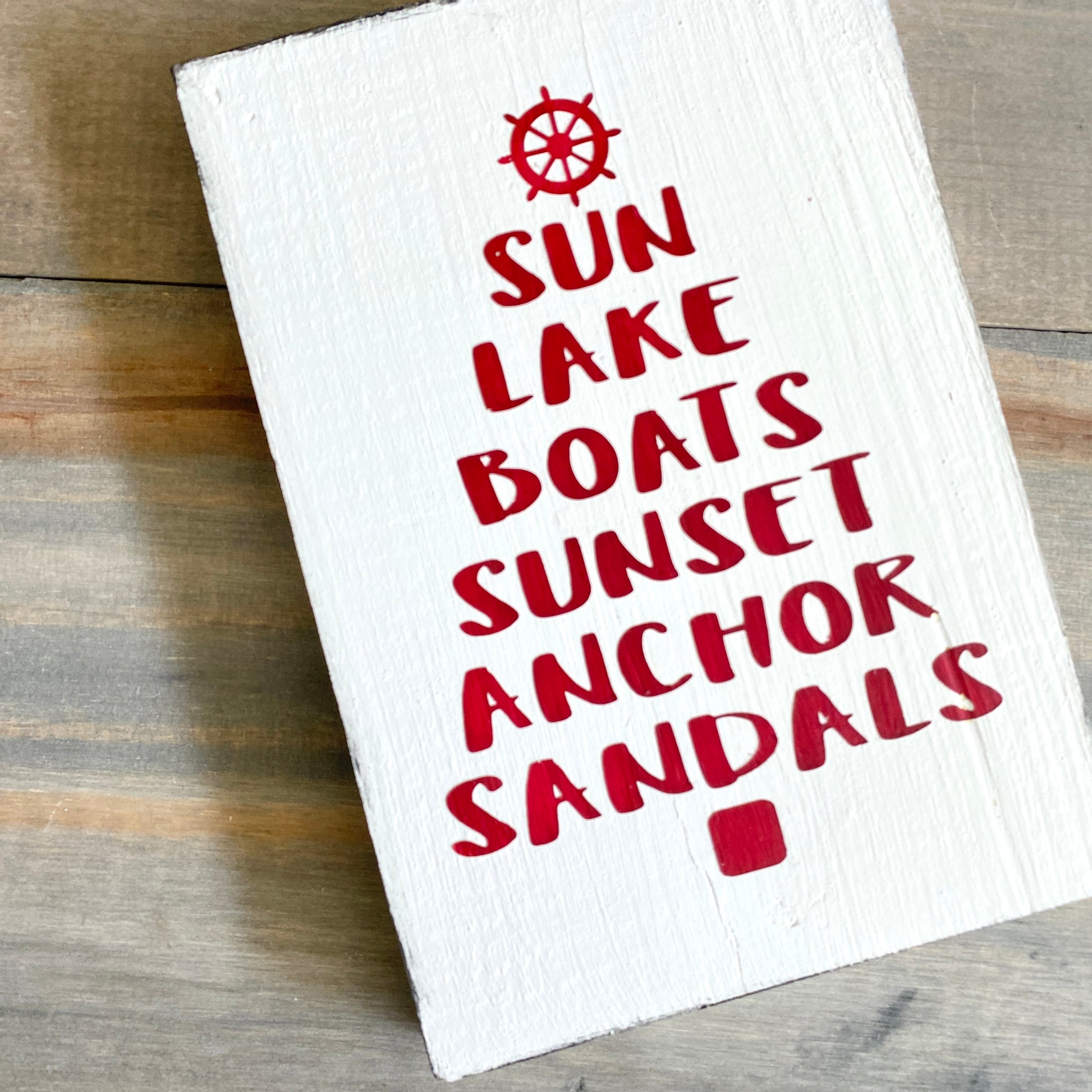 Nautical Christmas Decor for Lake House, Anchored Soul Designs Lake Words Christmas Tree wood sign white background with red design, beach house holiday decor nautical design