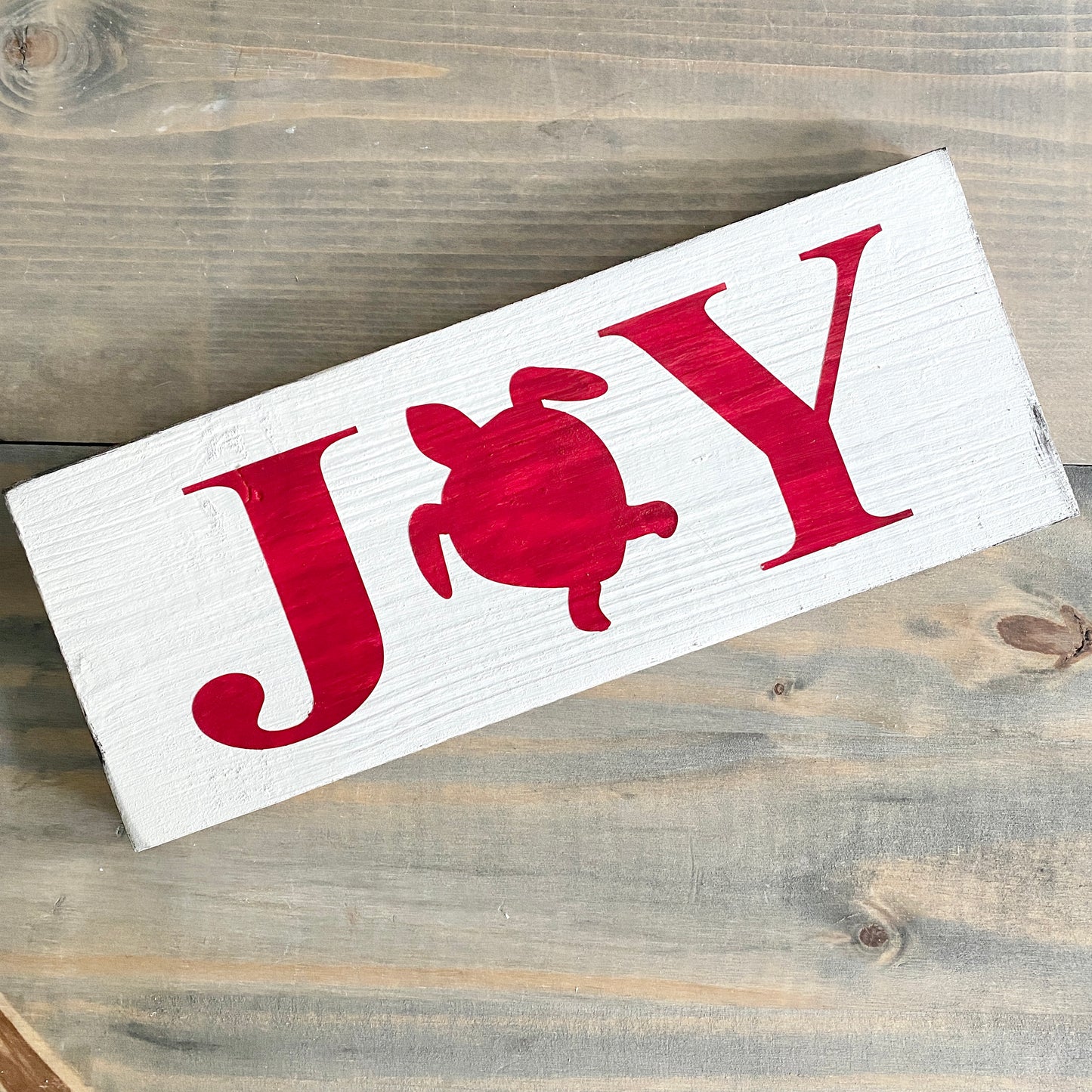 Coastal Christmas Decor, Anchored Soul Designs Joy Sea Turtle Christmas wood sign white background with red design, beach house holiday decor coastal design