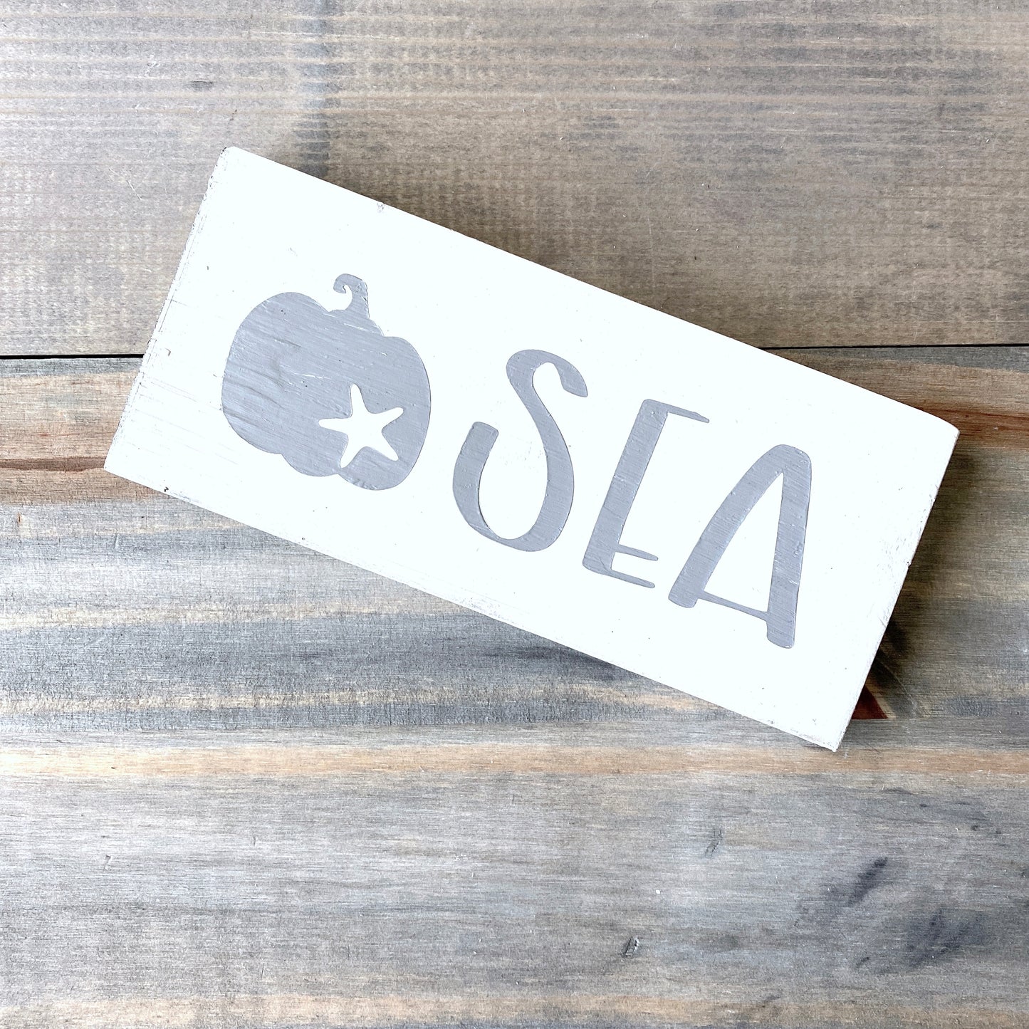 gray pumpkin with starfish sea sign, fall by the sea, coastal fall, fall beach decor