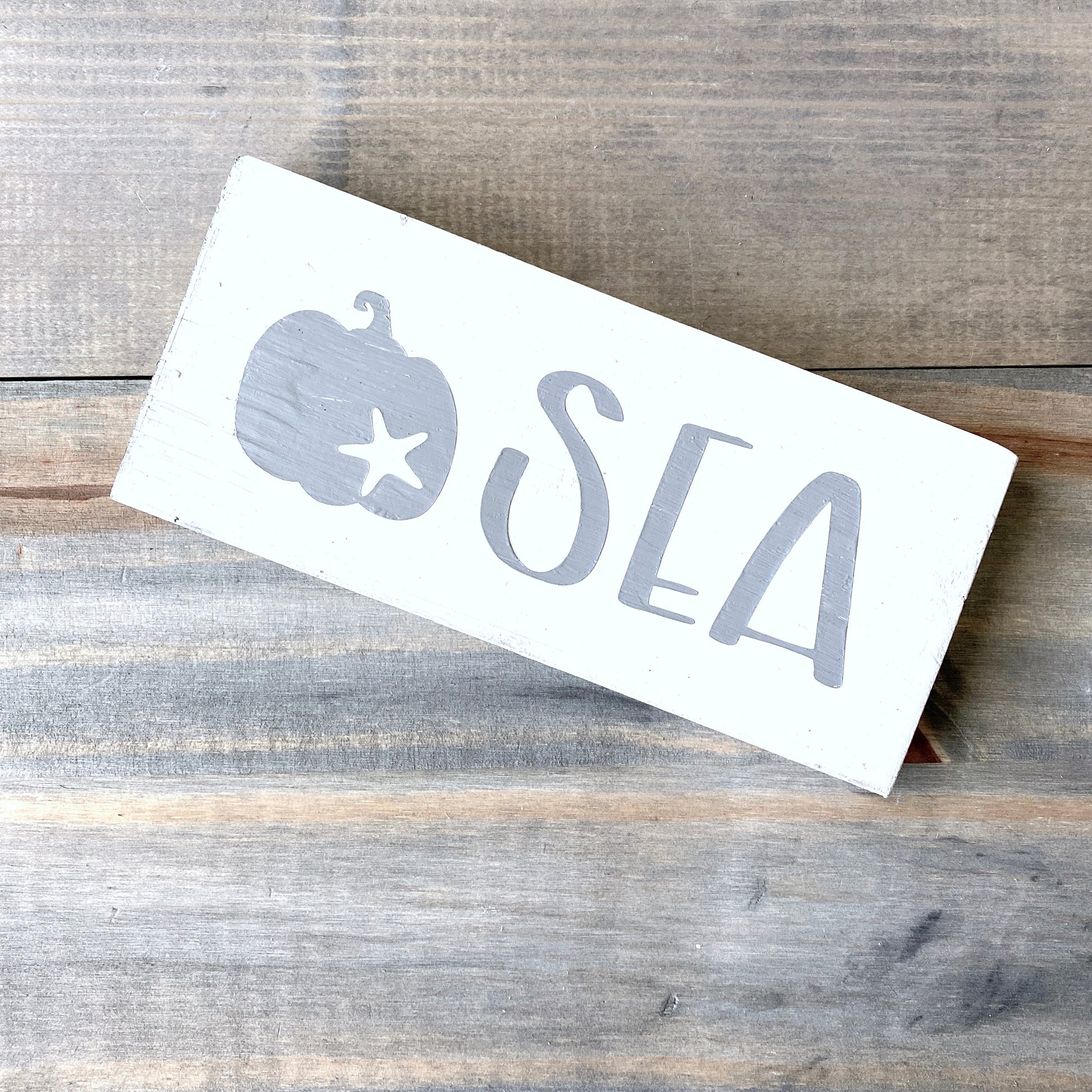 gray pumpkin with starfish sea sign, fall by the sea, coastal fall, fall beach decor