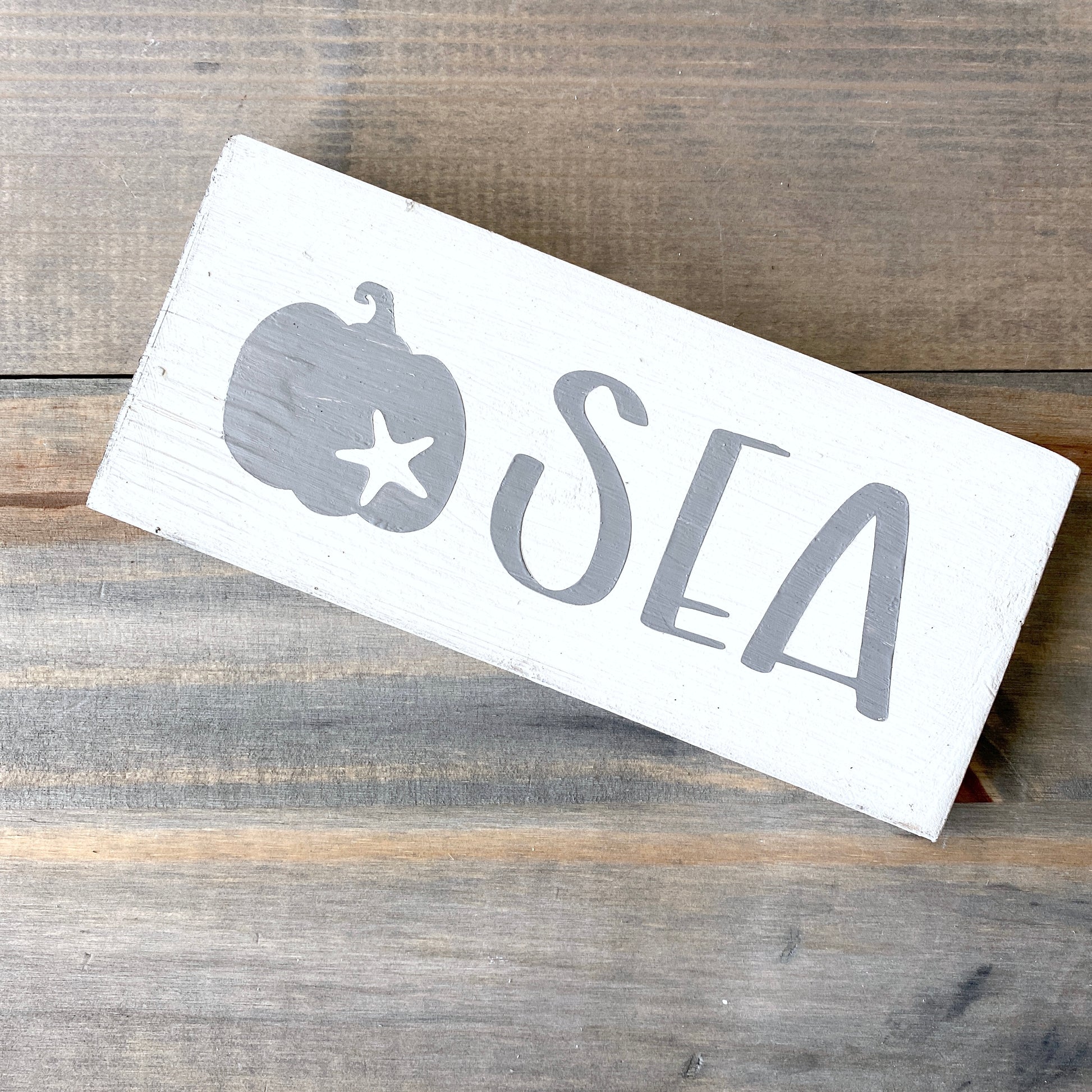 gray pumpkin with starfish sea sign, fall by the sea, coastal fall, fall beach decor