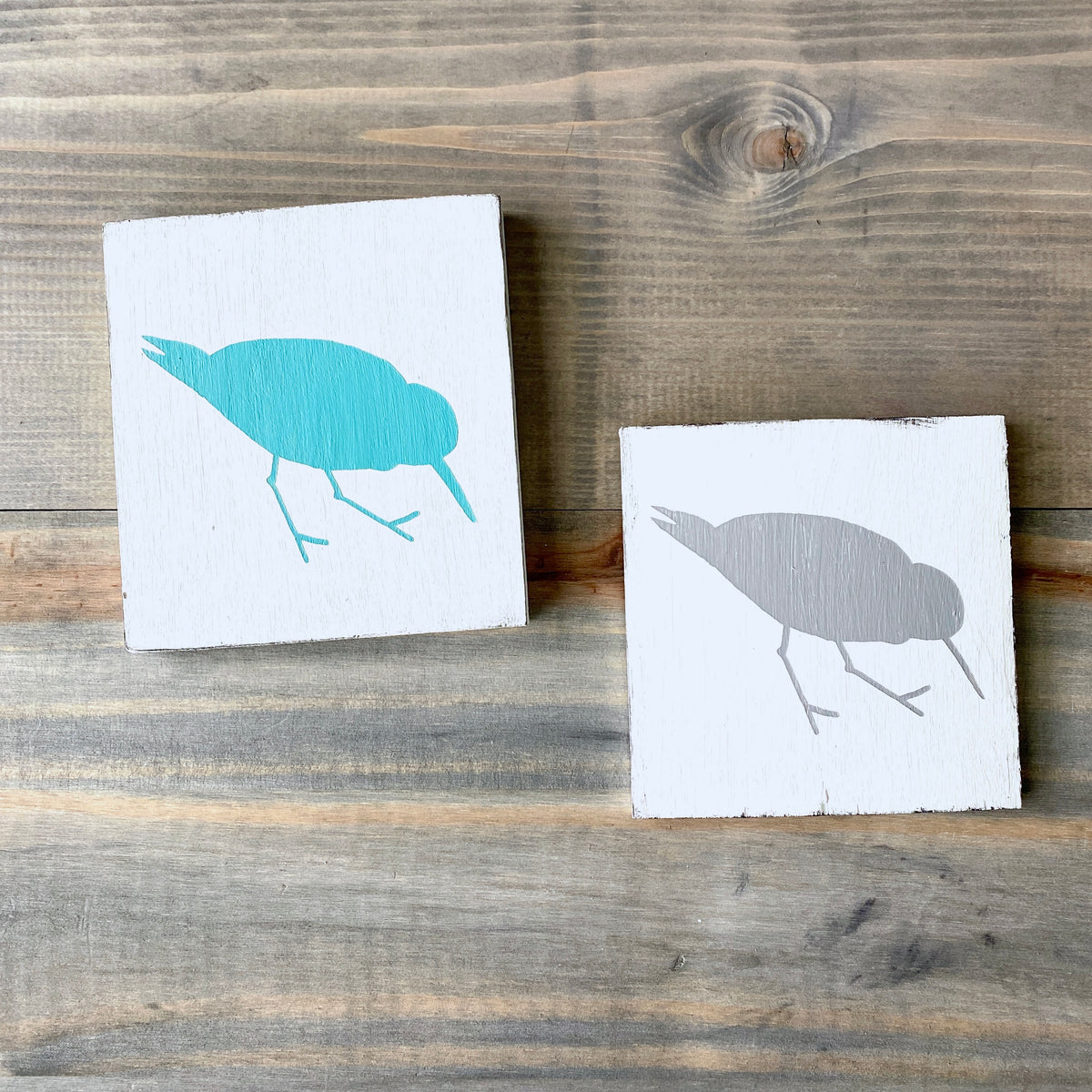two shorebird sand piper signs in aqua and gray on a white sign, displayed on a dark rustic wood background 