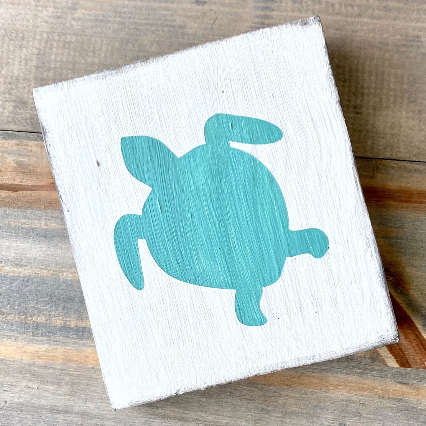 Sea Turtle sign in aqua on real wood, beach house home decor