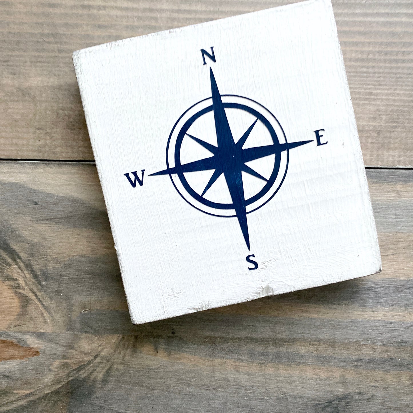 Coastal compass in navy beach house decor sign