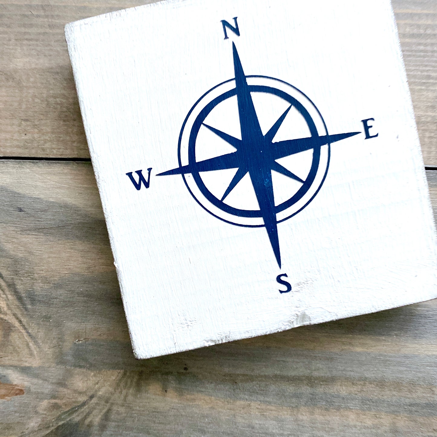 Coastal compass in navy beach house decor sign