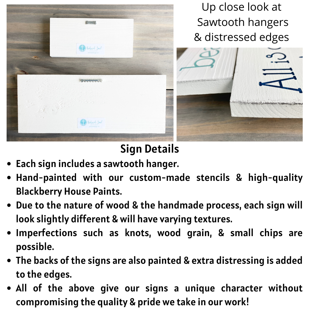 Sign details Graphic showing close-up of sawtooth hangers on the back of each beach sign and the distressing on the edges