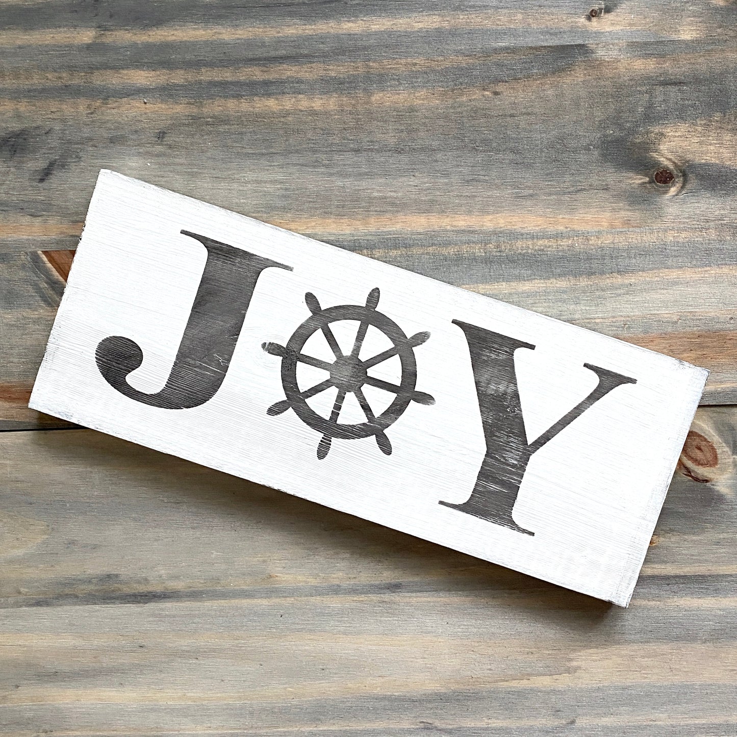 Coastal Christmas Decor, Anchored Soul Designs Joy Ship Wheel Christmas wood sign white background with black design, beach house holiday decor coastal design