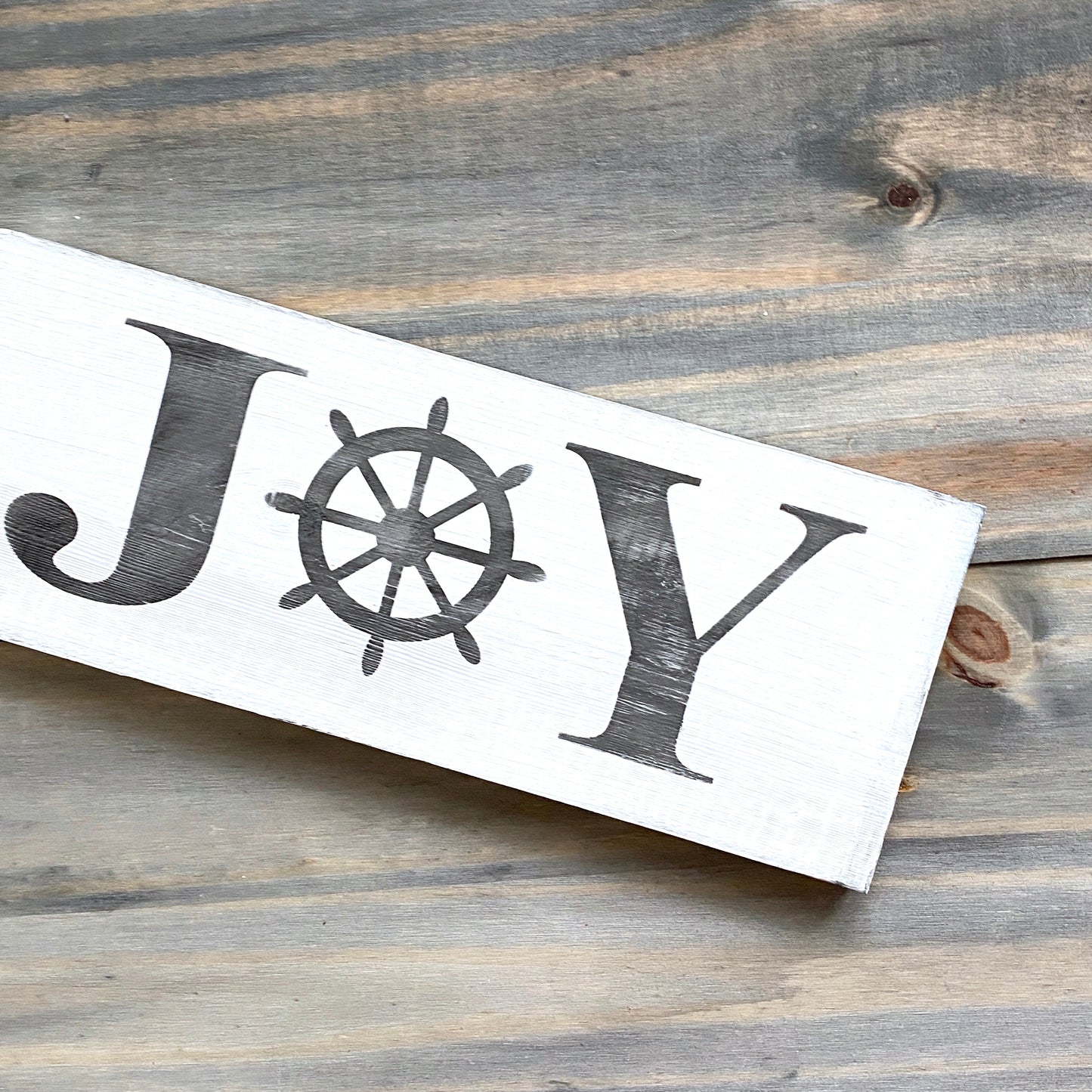 Coastal Christmas Decor, Anchored Soul Designs Joy Ship Wheel Christmas wood sign white background with black design, beach house holiday decor coastal design