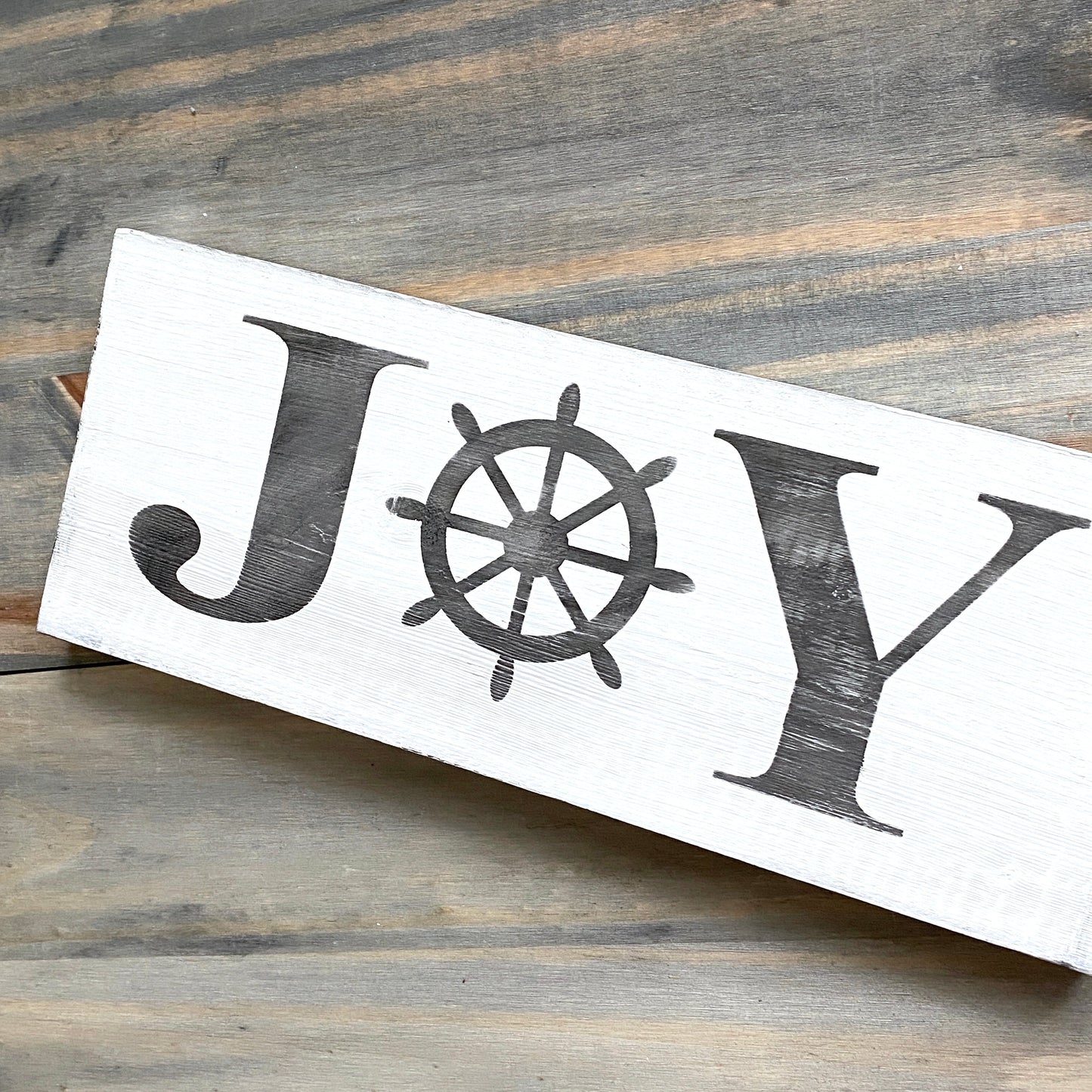 Coastal Christmas Decor, Anchored Soul Designs Joy Ship Wheel Christmas wood sign white background with black design, beach house holiday decor coastal design