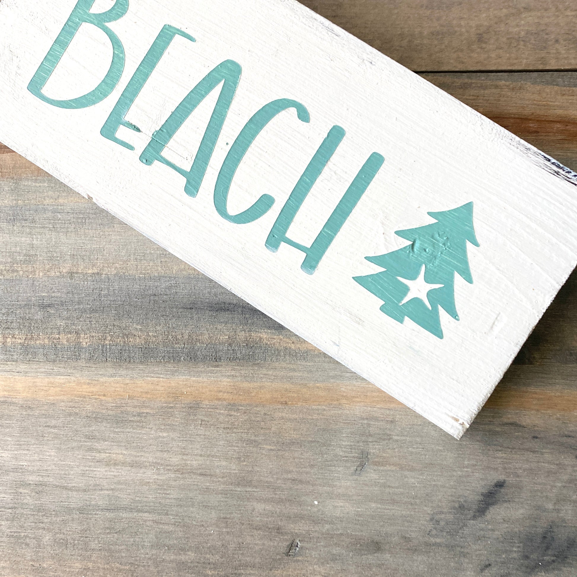 Coastal Christmas Decor, Anchored Soul Designs Beach Christmas wood sign with small tree and starfish white background with aqua design, beach house holiday decor coastal design