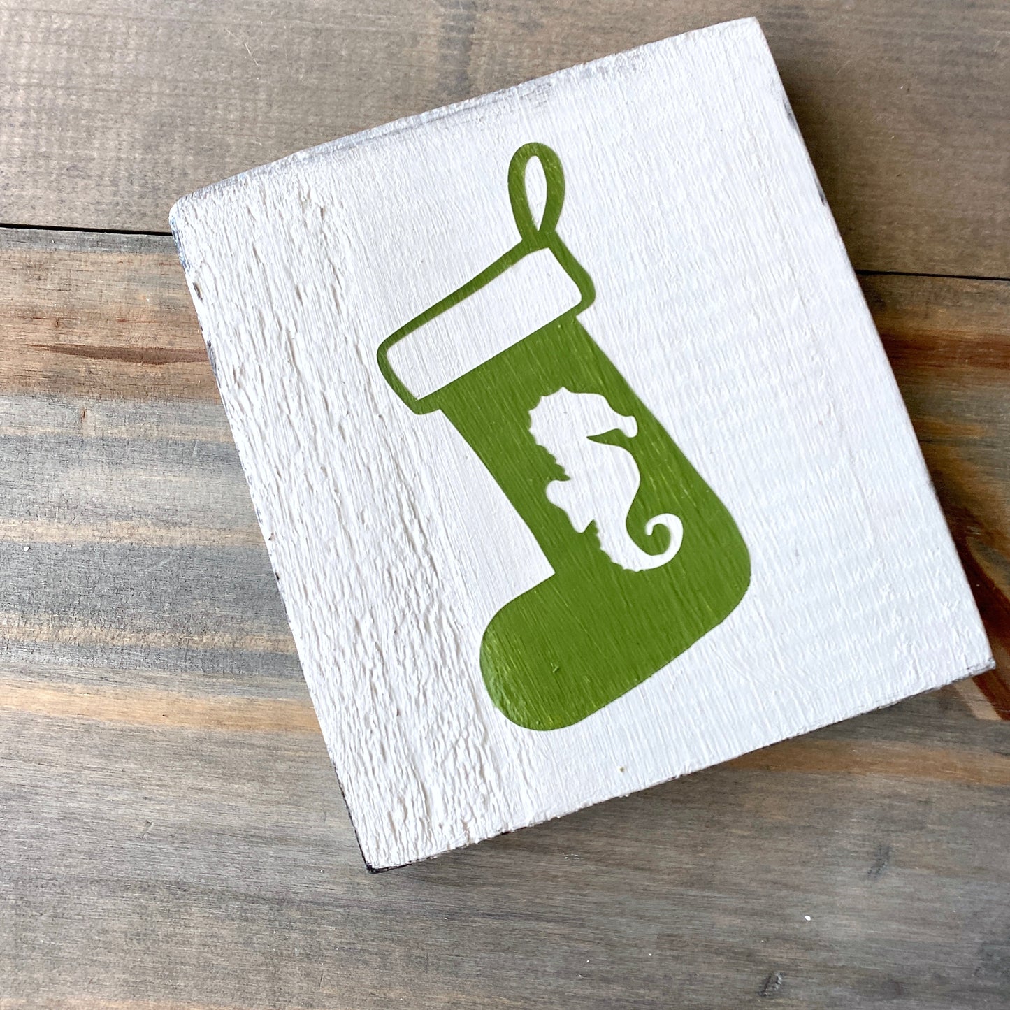 Coastal Christmas sign, sea horse stocking white background with green design, anchored soul designs beach decor