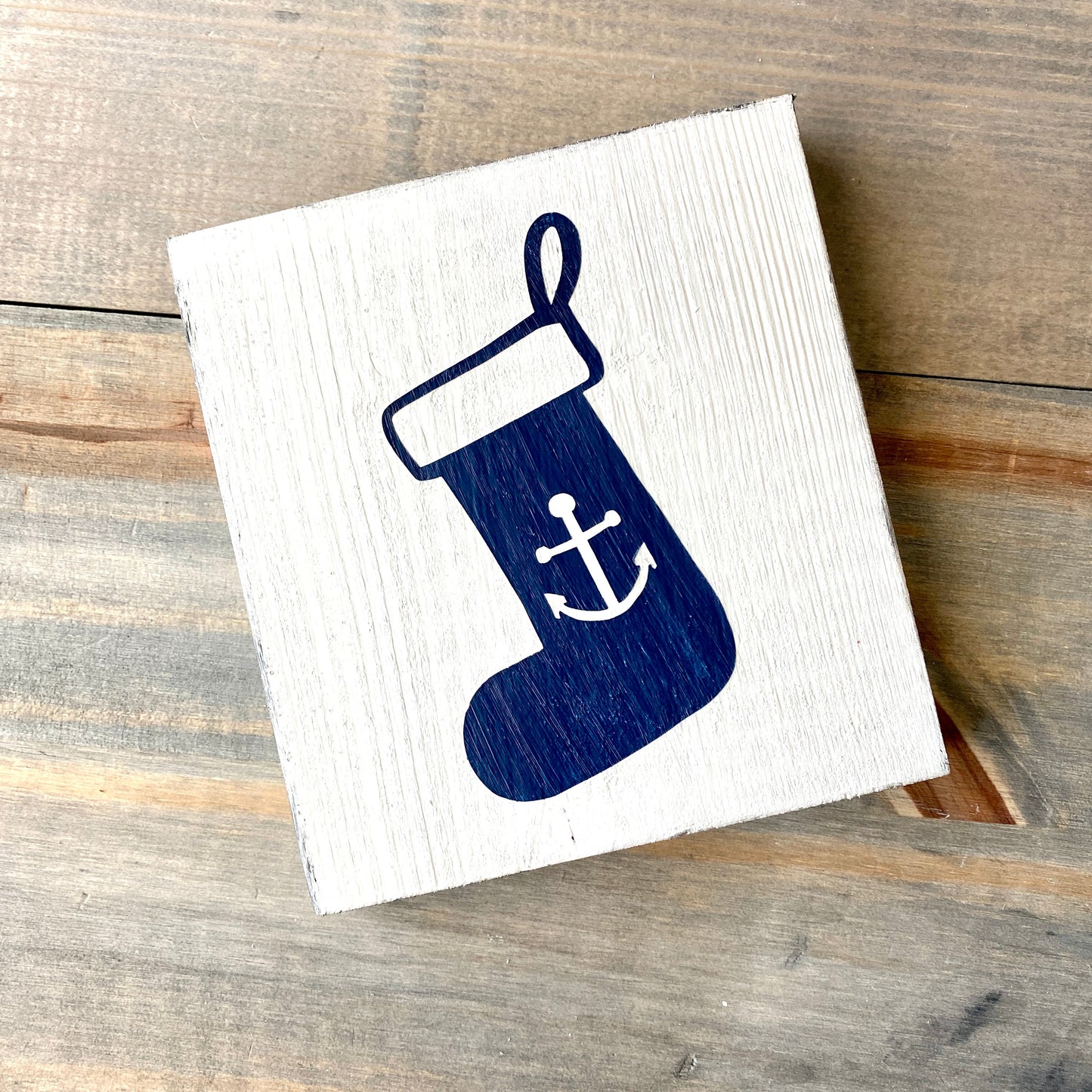 Coastal Holiday Sign Stocking with Anchor Pictured with white background and navy design, Nautical Holiday decor