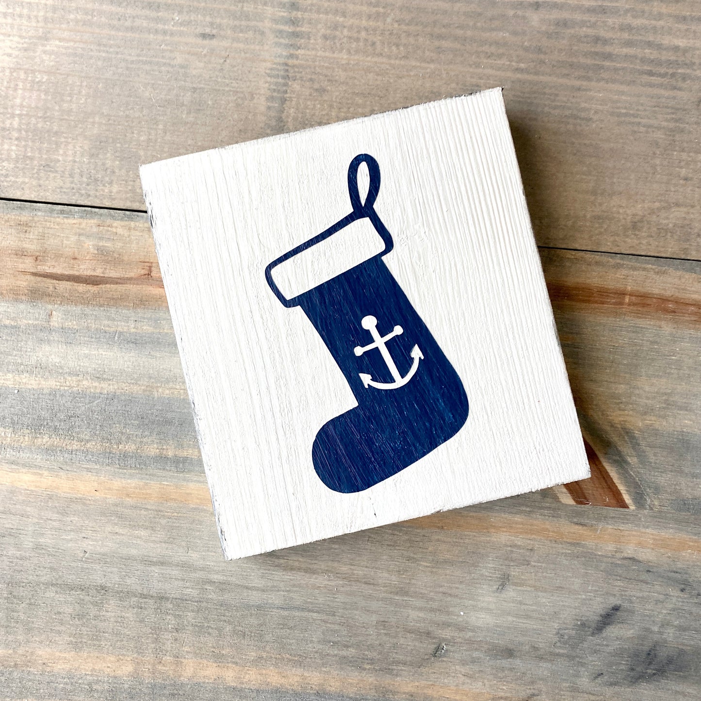 Coastal Holiday Sign Stocking with Anchor Pictured with white background and navy design, Nautical Holiday decor