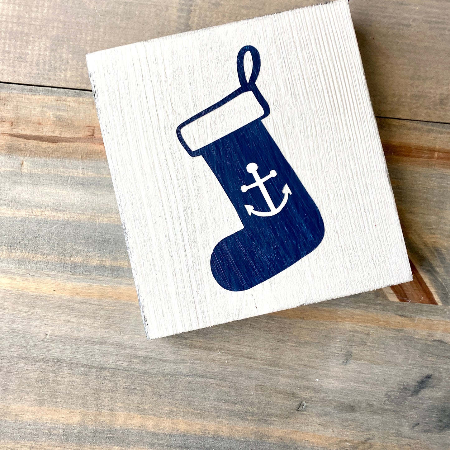 Coastal Holiday Sign Stocking with Anchor Pictured with white background and navy design, Nautical Holiday decor