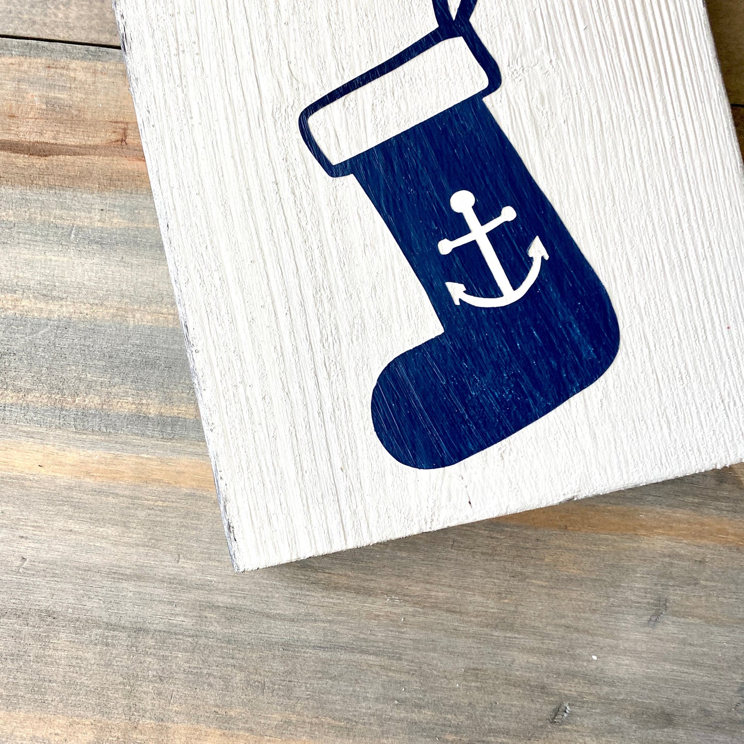 Coastal Holiday Sign Stocking with Anchor Pictured with white background and navy design, Nautical Holiday decor