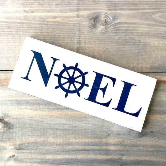 Coastal Christmas Decor, Anchored Soul Designs Noel Ship Wheel Christmas wood sign white background with Navy design, beach house holiday decor coastal design