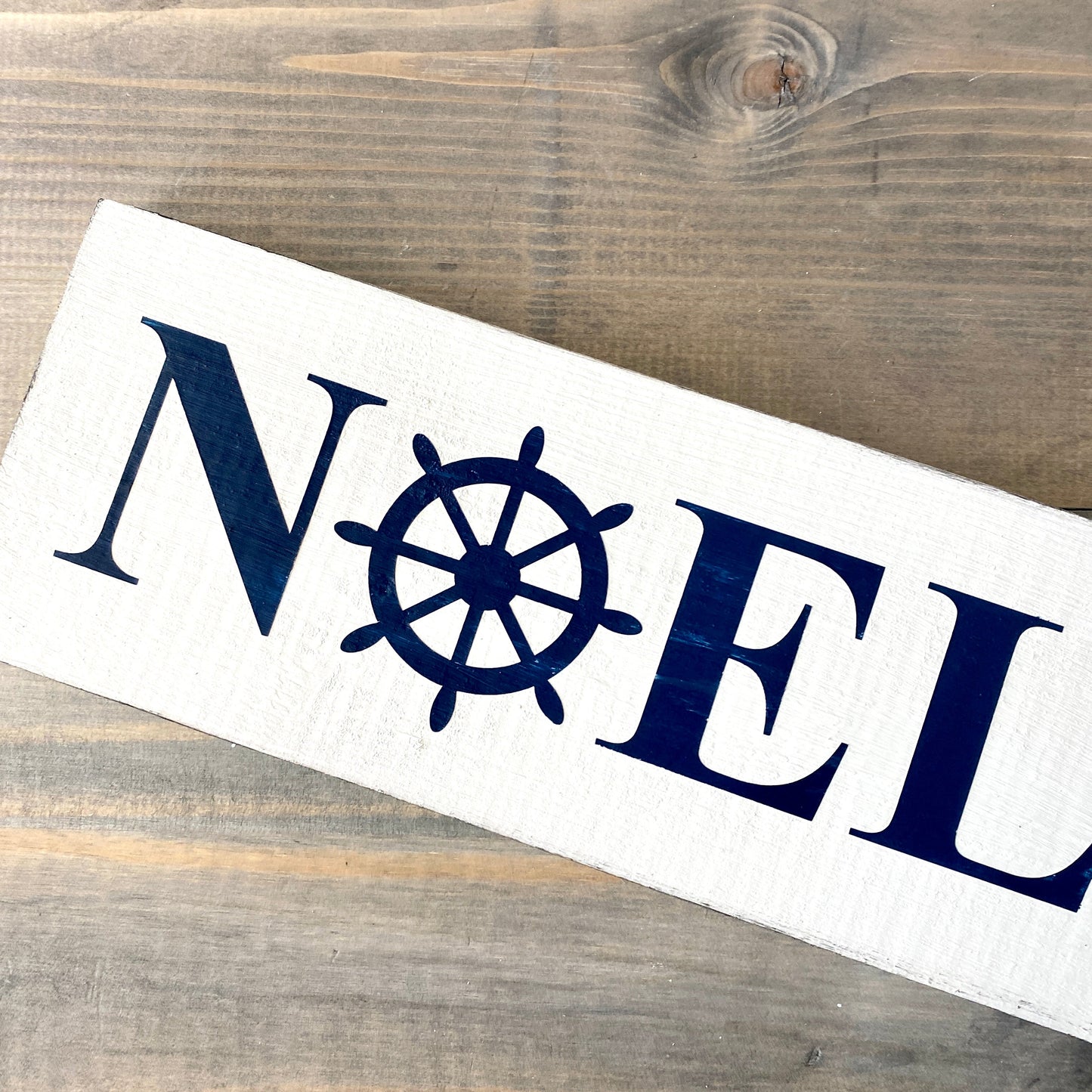 Coastal Christmas Decor, Anchored Soul Designs Noel Ship Wheel Christmas wood sign white background with Navy design, beach house holiday decor coastal design