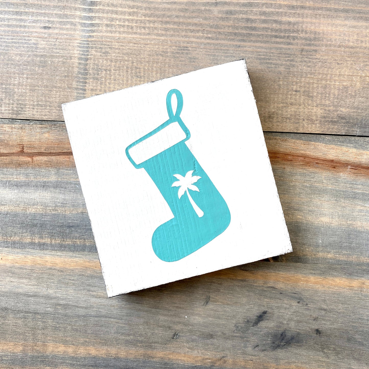 Coastal Christmas Decor, Anchored Soul Designs Palm Tree stocking wood sign white background with aqua design, beach house holiday decor coastal design