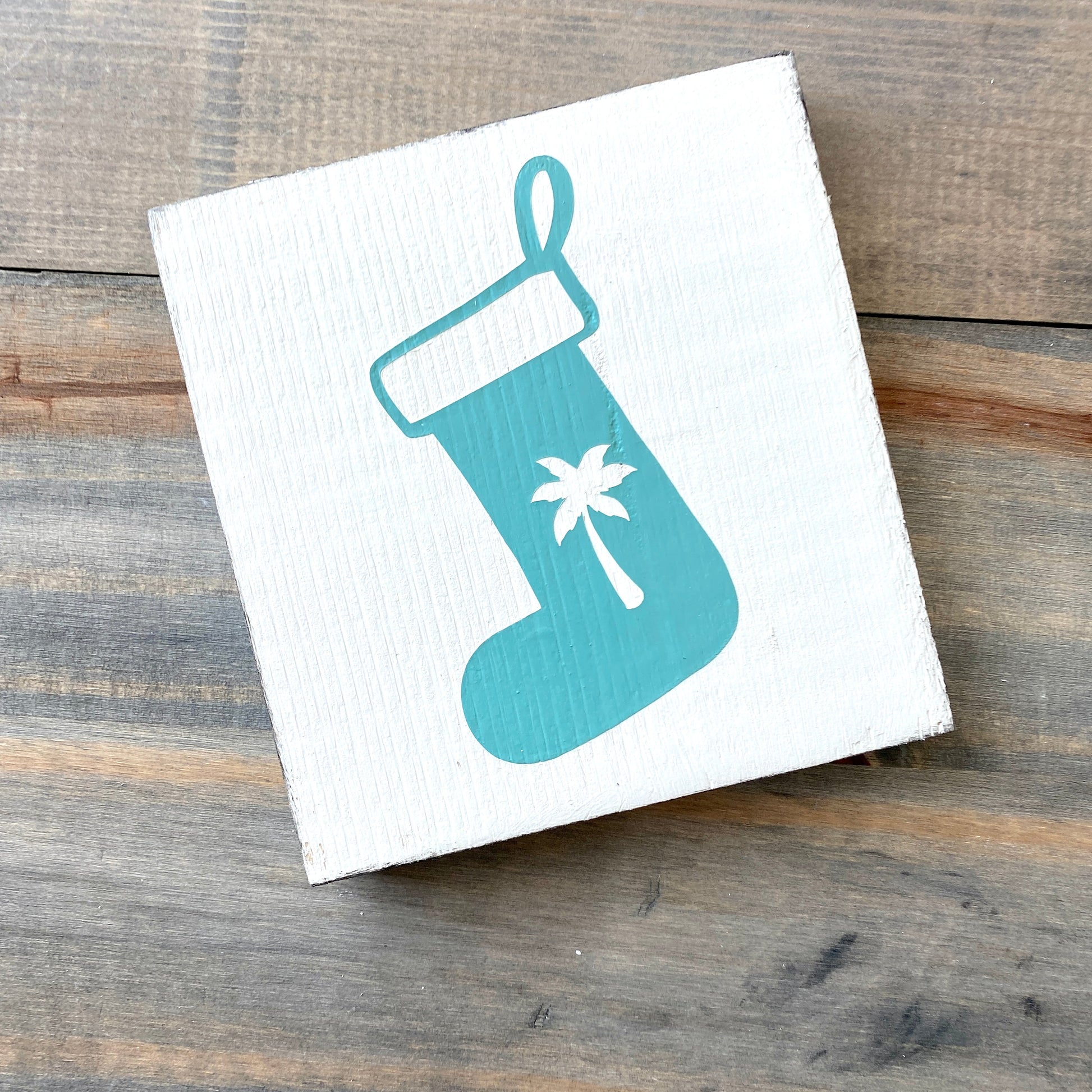 Coastal Christmas Decor, Anchored Soul Designs Palm Tree stocking wood sign white background with aqua design, beach house holiday decor coastal design
