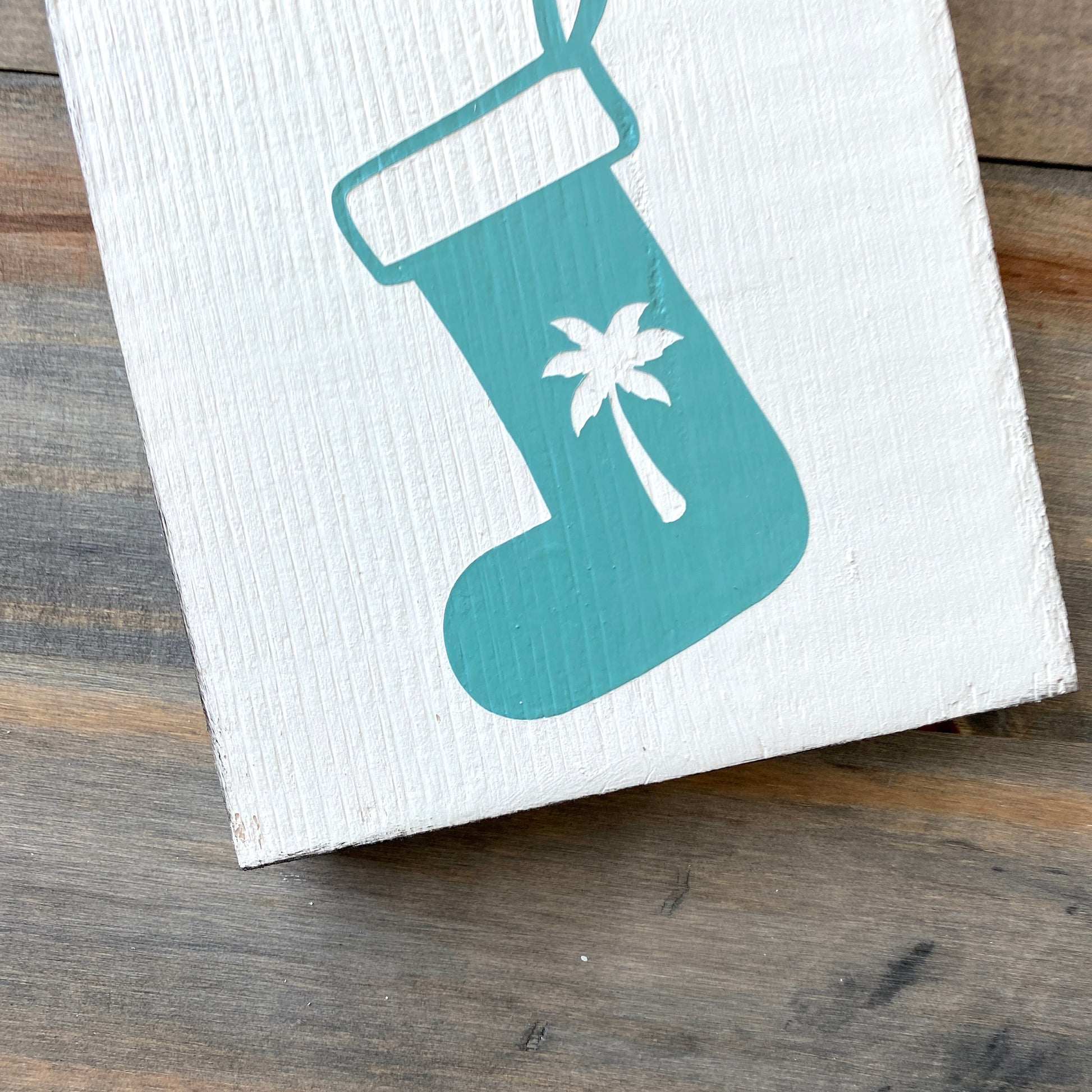 Coastal Christmas Decor, Anchored Soul Designs Palm Tree stocking wood sign white background with aqua design, beach house holiday decor coastal design