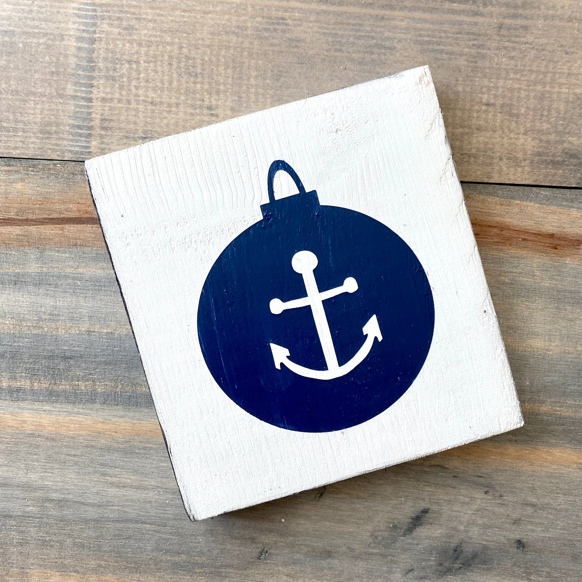 Coastal Christmas Decor, Anchored Soul Designs Anchor Ornament wood sign white background with navy design, beach house holiday decor coastal design
