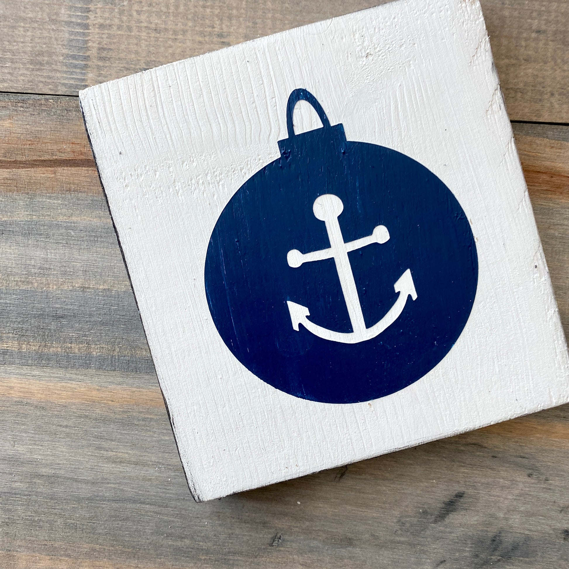 Coastal Christmas Decor, Anchored Soul Designs Anchor Ornament wood sign white background with navy design, beach house holiday decor coastal design