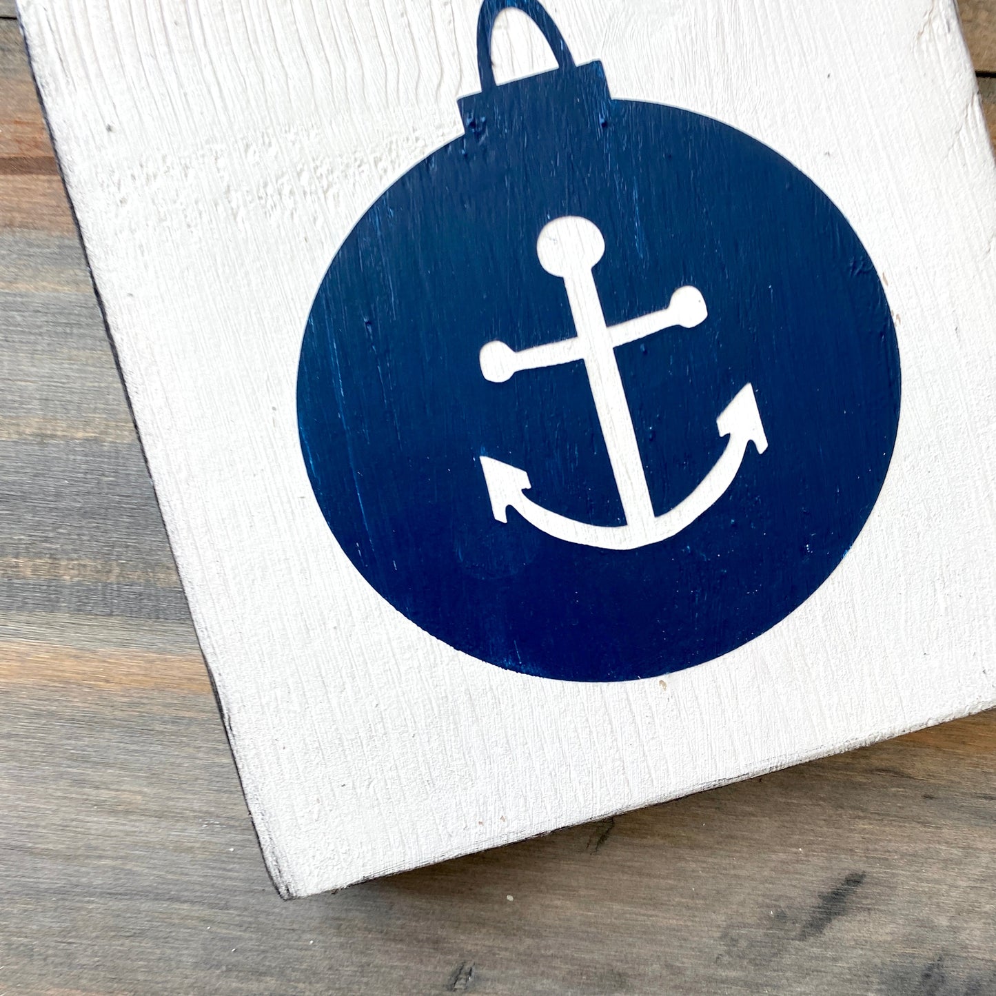 Coastal Christmas Decor, Anchored Soul Designs Anchor Ornament wood sign white background with navy design, beach house holiday decor coastal design