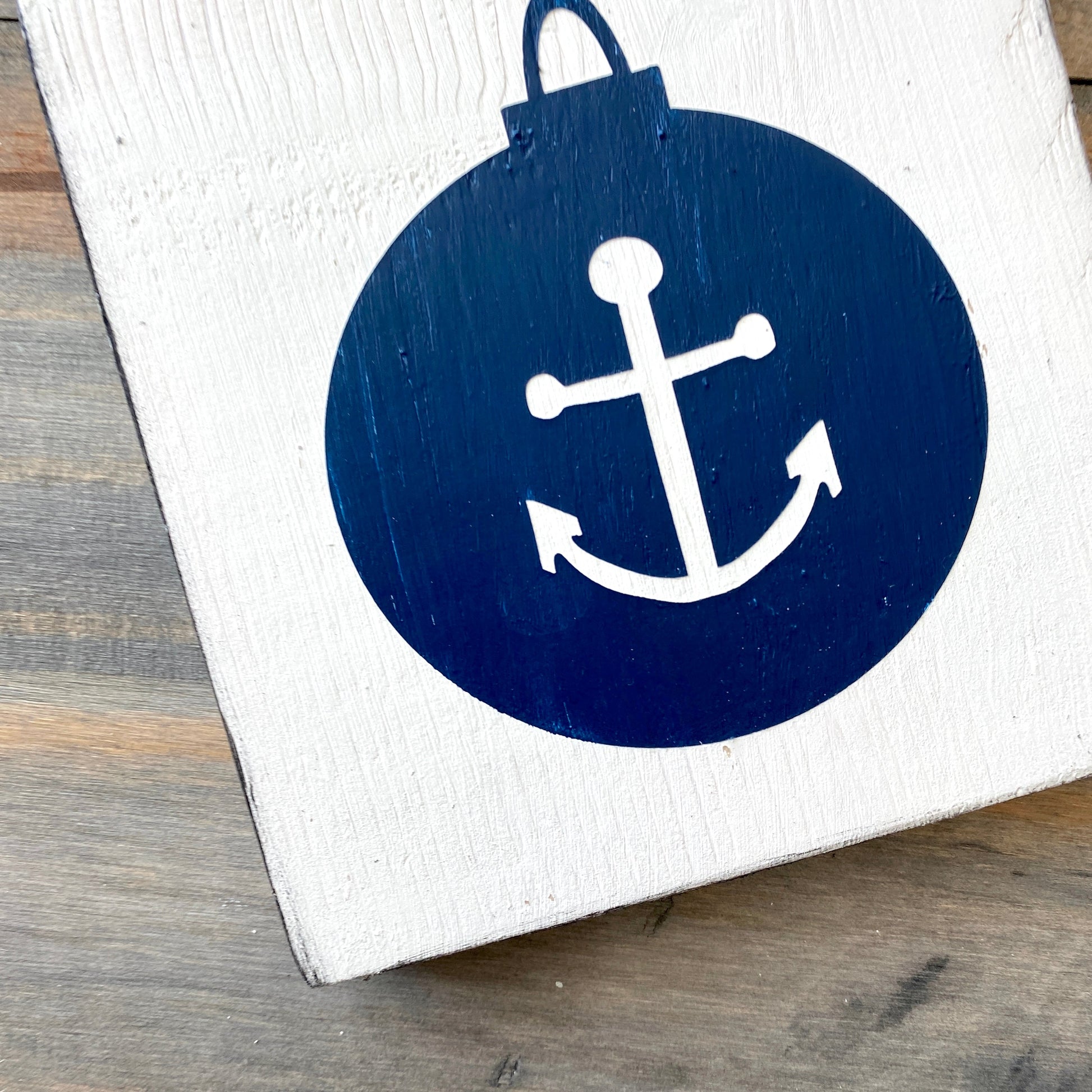 Coastal Christmas Decor, Anchored Soul Designs Anchor Ornament wood sign white background with navy design, beach house holiday decor coastal design