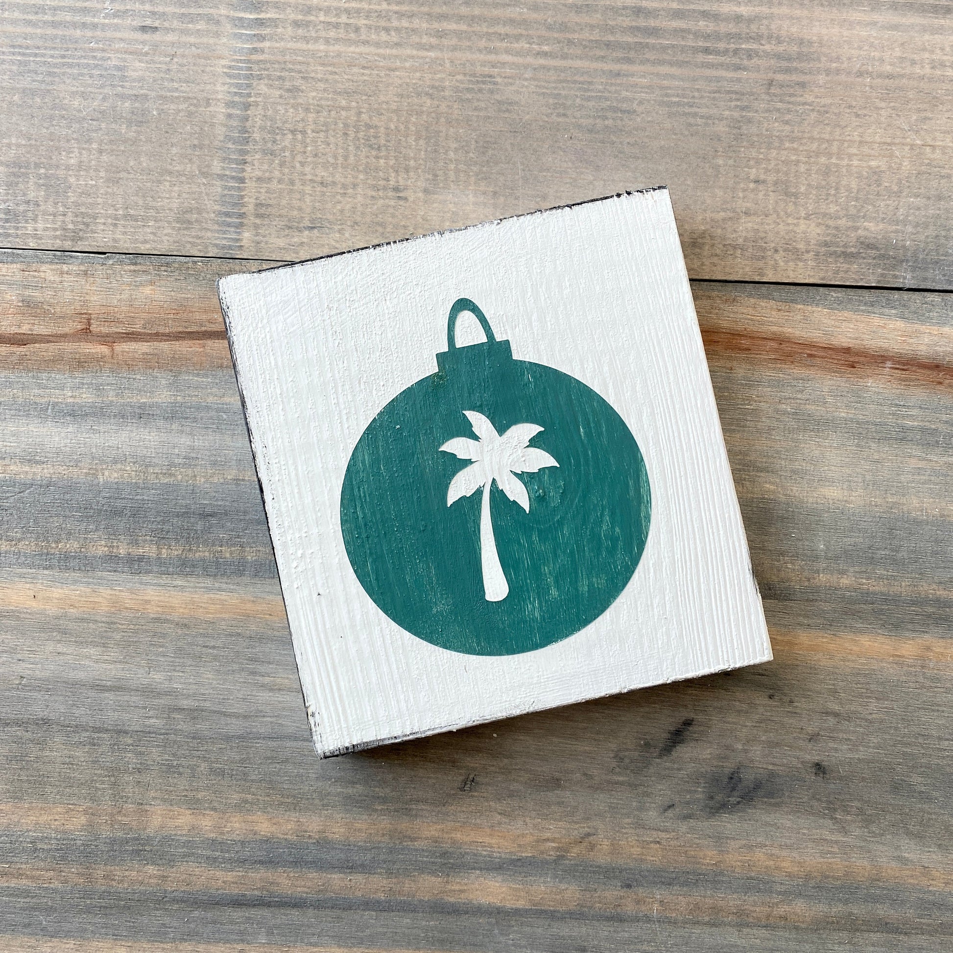 Coastal Christmas Decor, Anchored Soul Designs Palm Tree Ornament wood sign white background with dark green design, beach house holiday decor coastal design