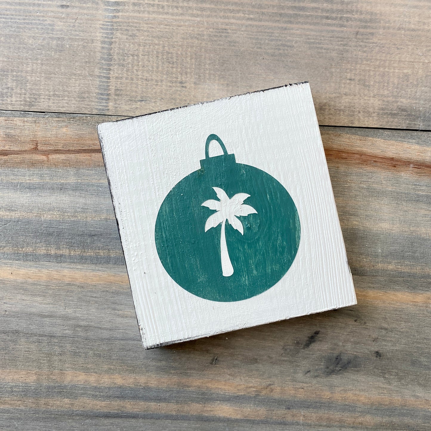 Coastal Christmas Decor, Anchored Soul Designs Palm Tree Ornament wood sign white background with dark green design, beach house holiday decor coastal design