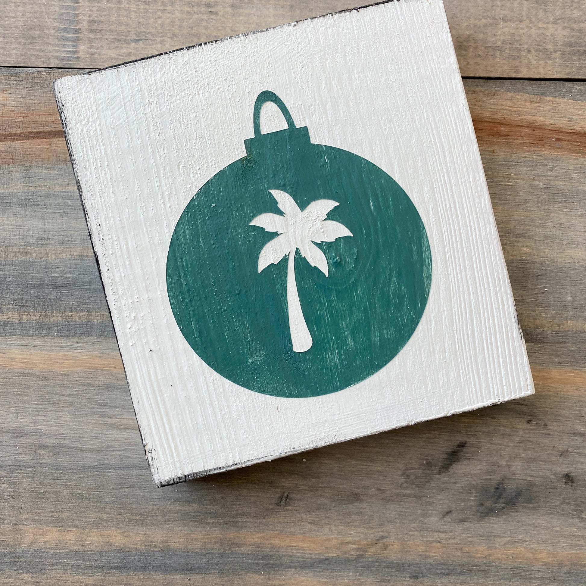 Coastal Christmas Decor, Anchored Soul Designs Palm Tree Ornament wood sign white background with dark green design, beach house holiday decor coastal design