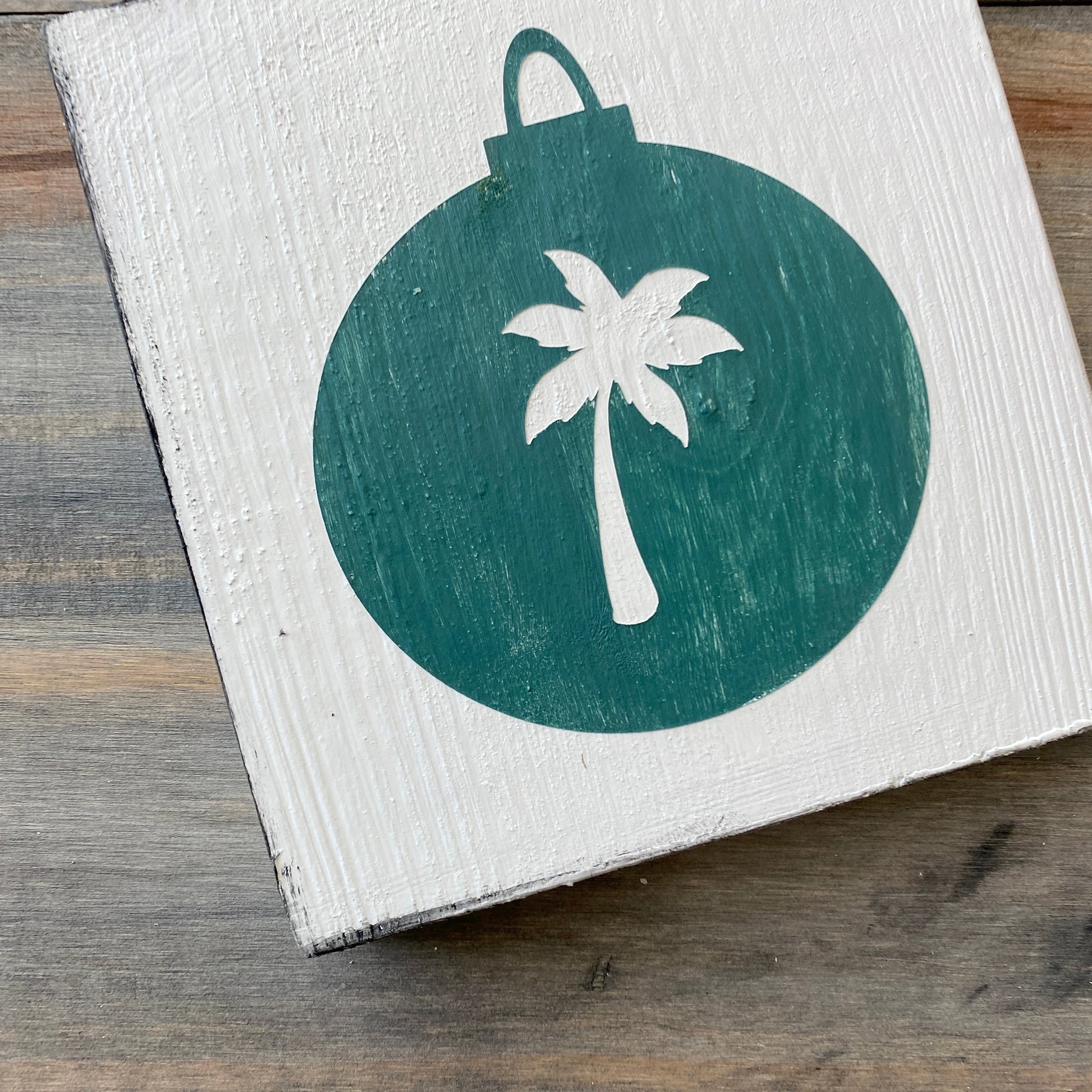 Coastal Christmas Decor, Anchored Soul Designs Palm Tree Ornament wood sign white background with dark green design, beach house holiday decor coastal design