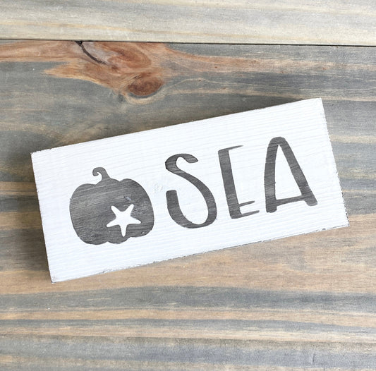 black pumpkin with starfish sea sign, fall by the sea, coastal fall, fall beach decor