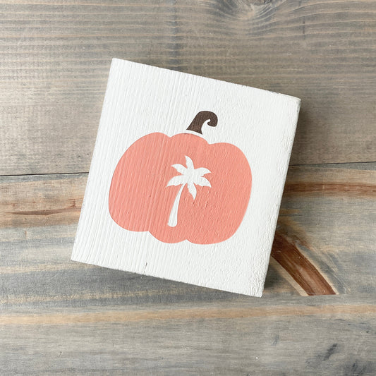 Palm tree pumpkin sign in pale orange, coastal fall, beach fall decor