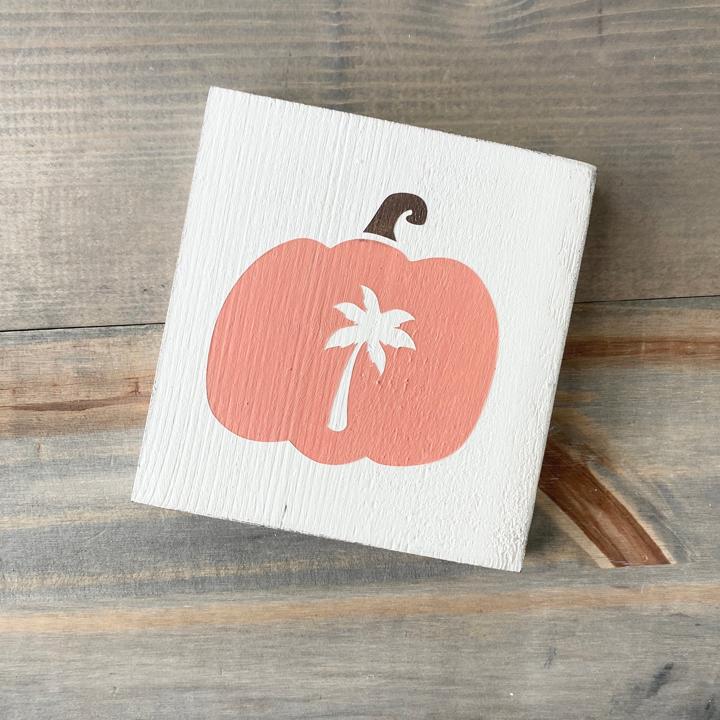 Palm tree pumpkin sign in pale orange, coastal fall, beach fall decor