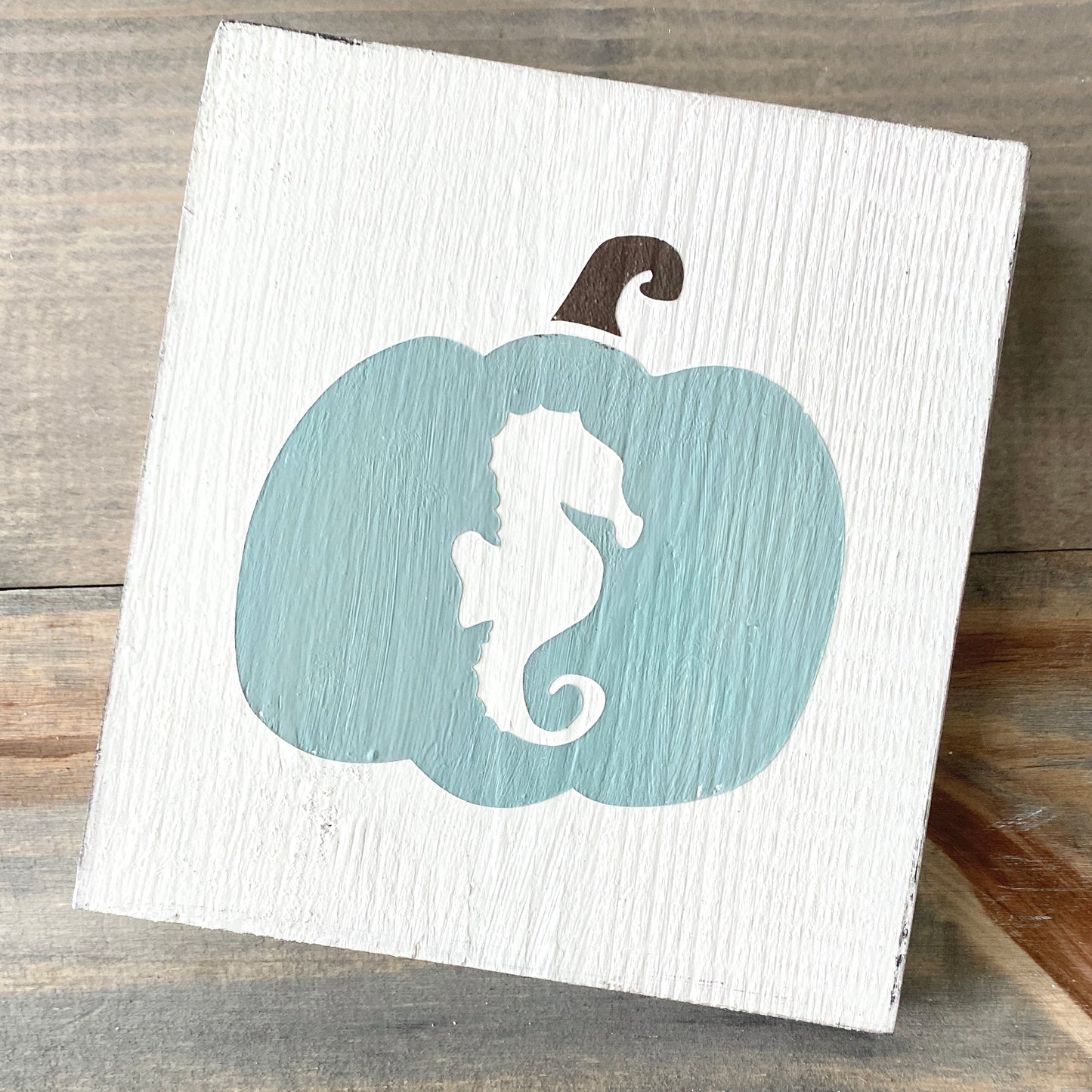 Seahorse coastal pumpkin fall sign in sage green, beachy fall decor, fall by the sea