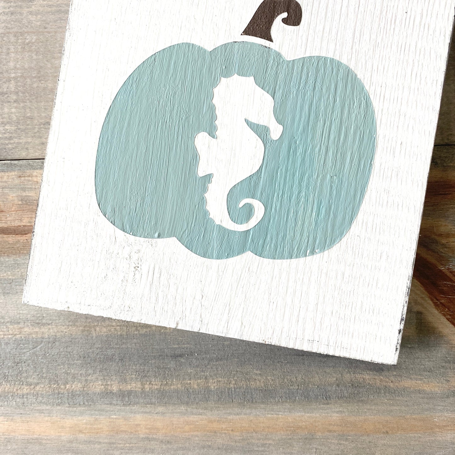 Seahorse coastal pumpkin fall sign in sage green, beachy fall decor, fall by the sea