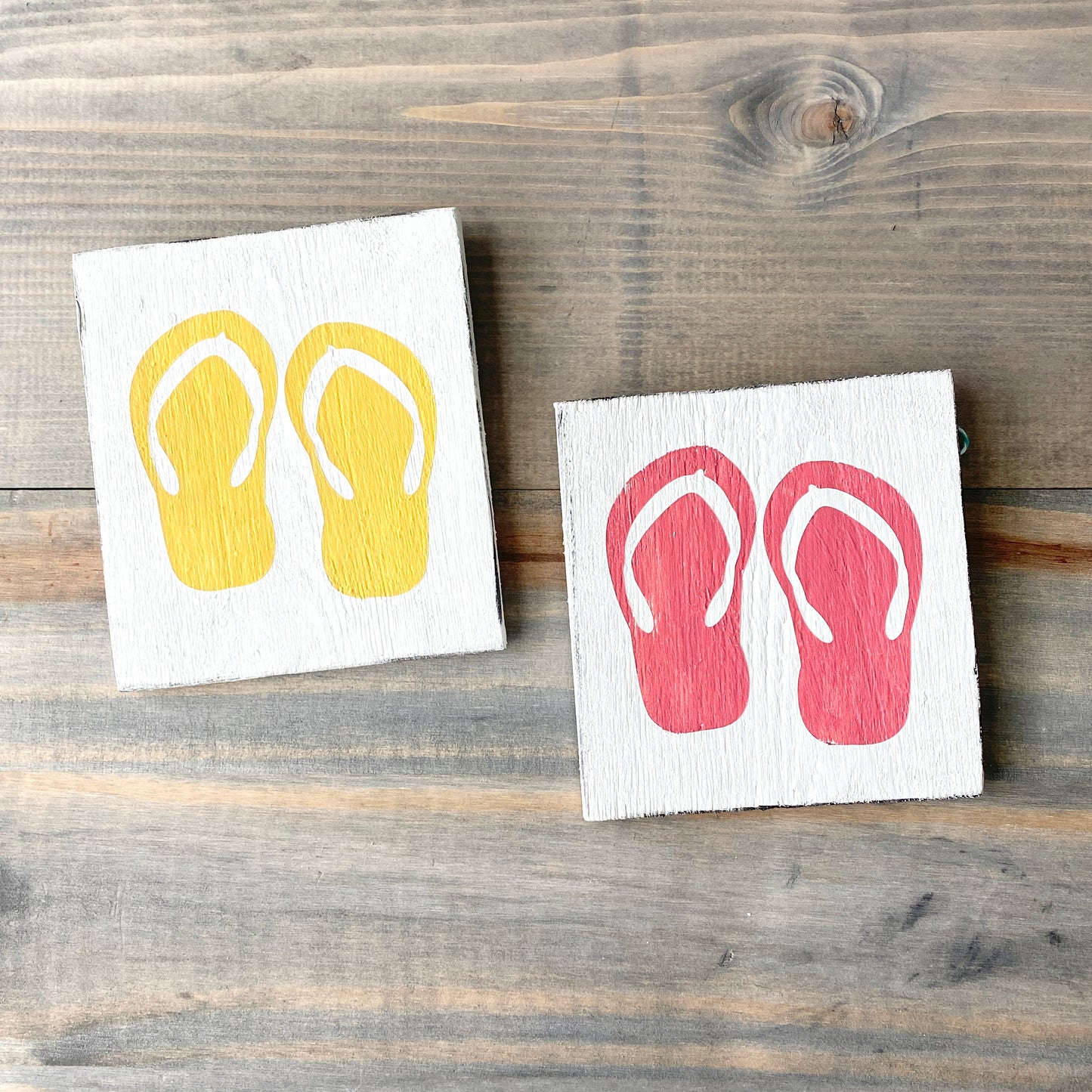 Flip flop wood sign, beach house summer sign, coastlal decor in yellow and pink