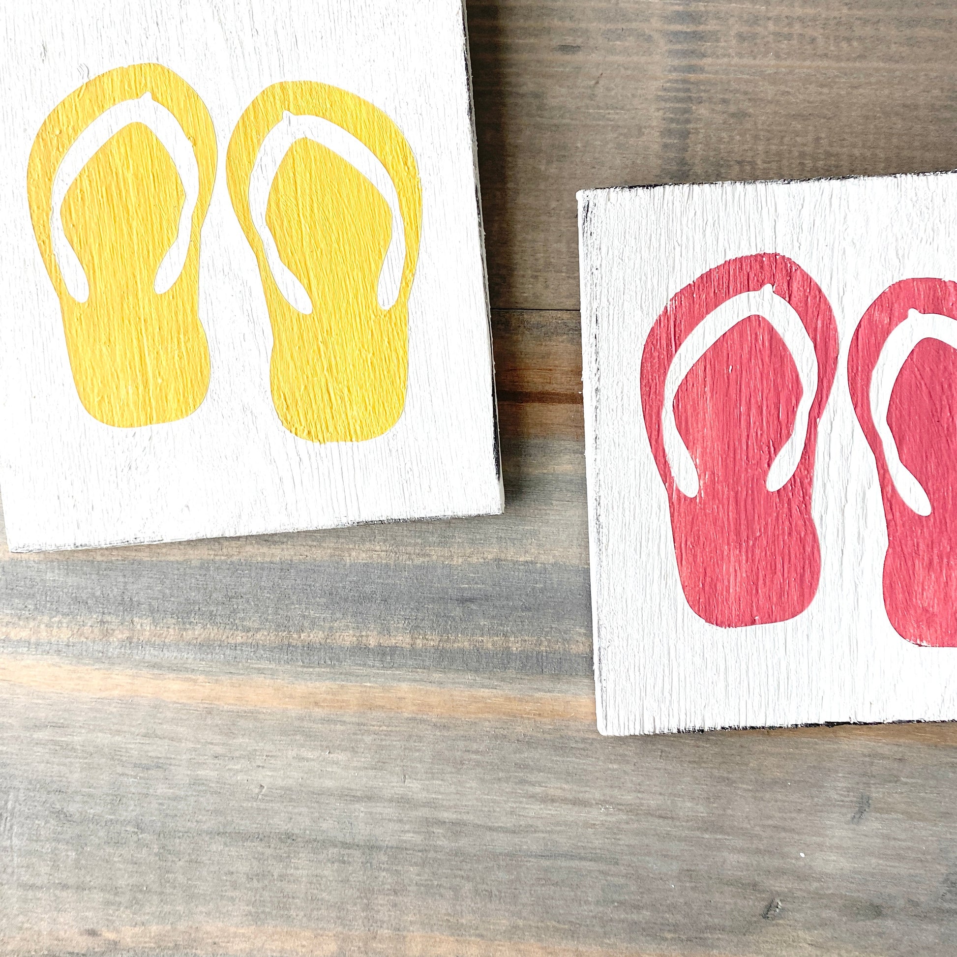 Flip flop wood sign, beach house summer sign, coastlal decor in yellow and pink